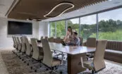 Sompo Atlanta conference room with sculptural wood ceiling and integrated lighting