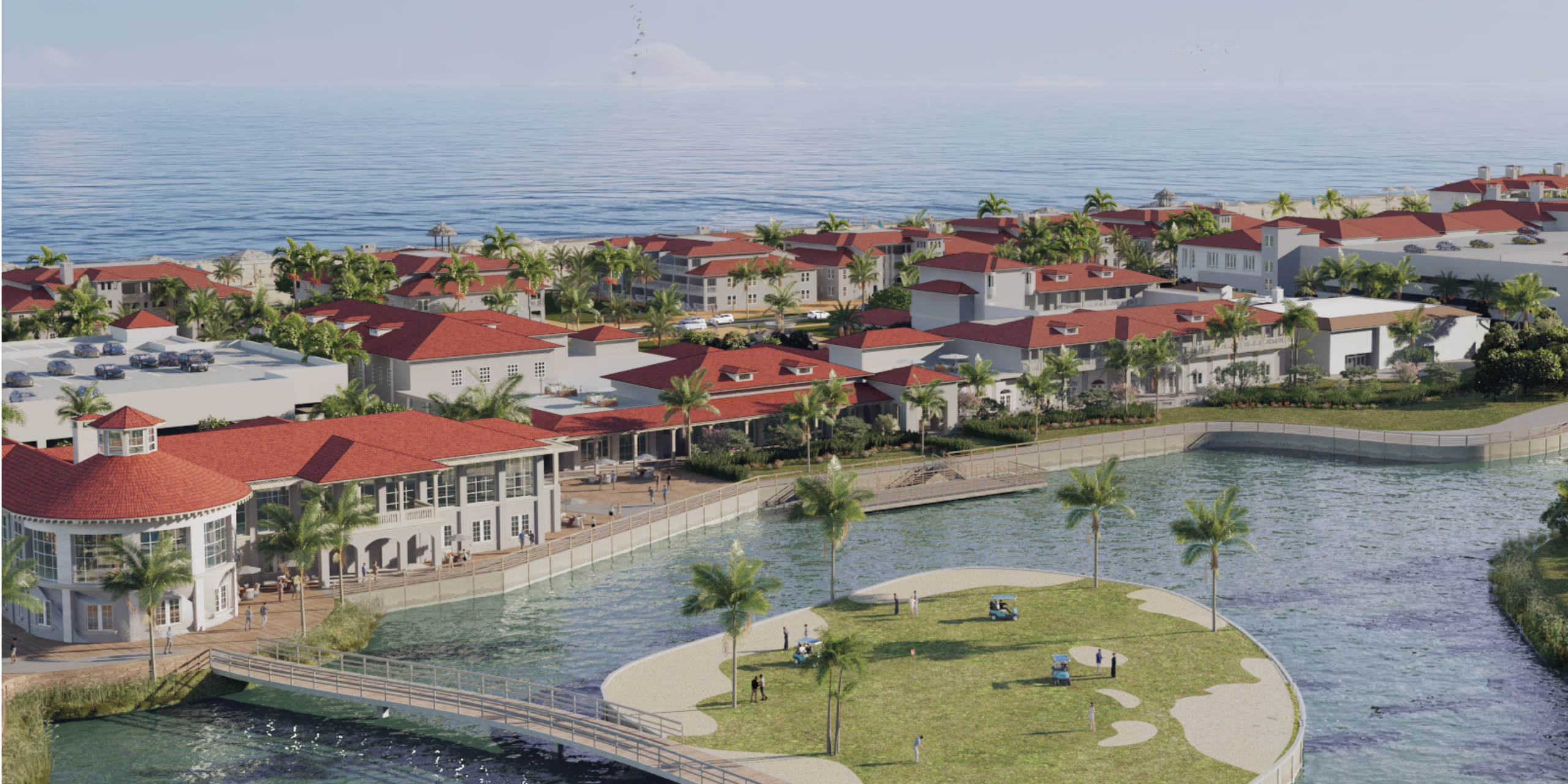 Aerial rendering of the Island Ballroom and Golf Club at Ponte Vedra Inn & Club, with a lagoon footbridge, golf green and oceanfront resort buildings.