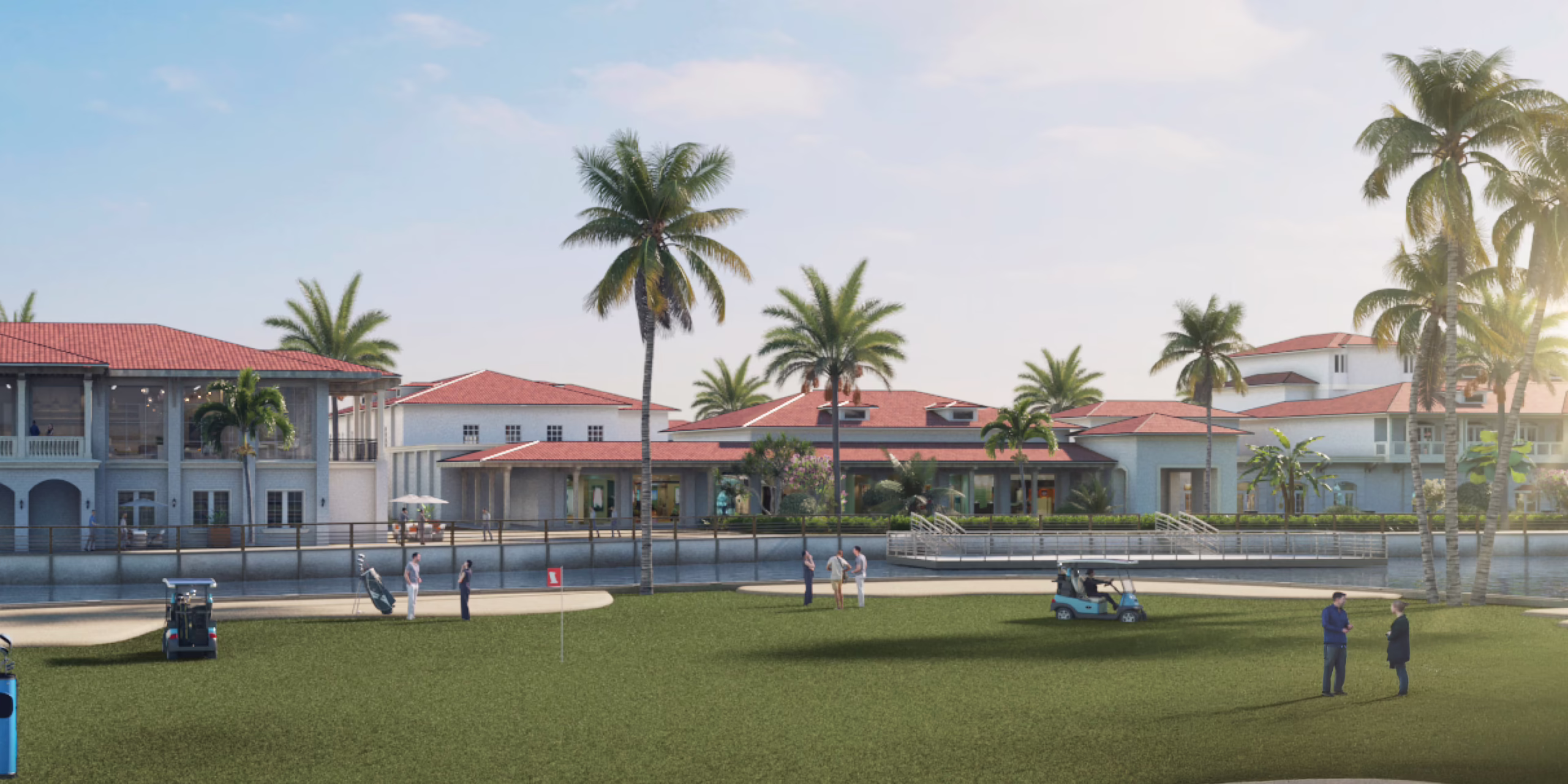 Rendering of the island golf green at Ponte Vedra Inn & Club, with golfers and carts on the lawn and the ballroom and resort buildings across the lagoon.