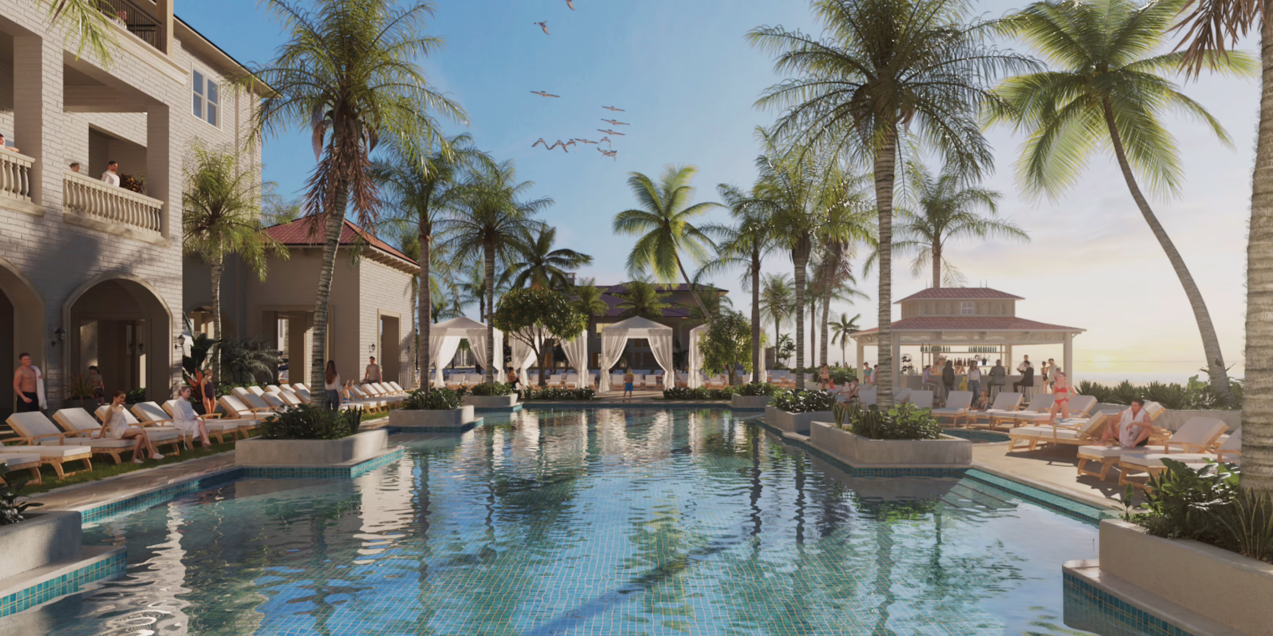 Rendering of the resort pool at Ponte Vedra Inn & Club, lined with palm trees, lounge chairs and cabanas, with a poolside bar and ocean views beyond.