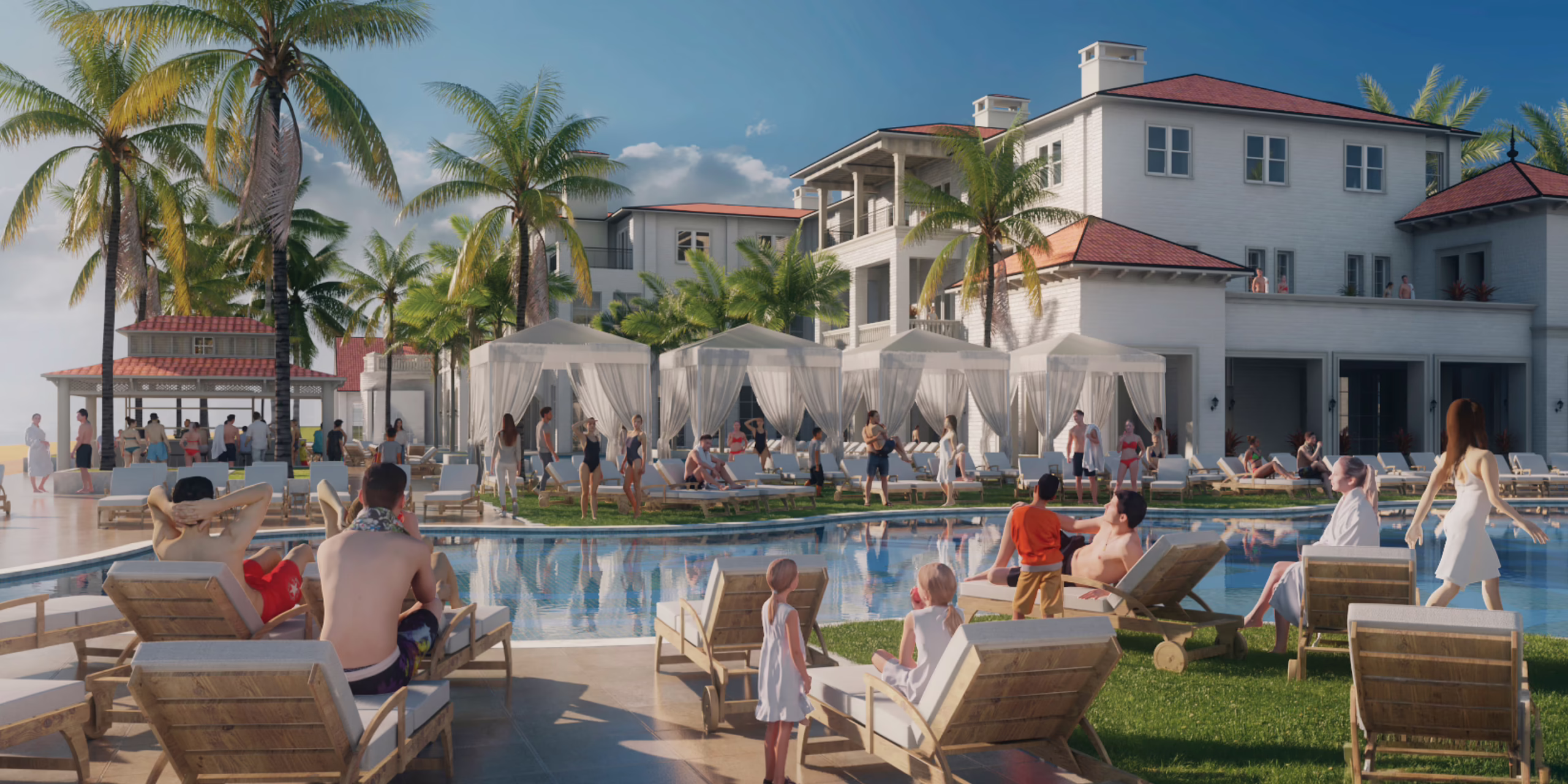 Daytime rendering of the resort pool at Ponte Vedra Inn & Club, with families on lounge chairs, white cabanas, palm trees and white brick guestroom buildings.