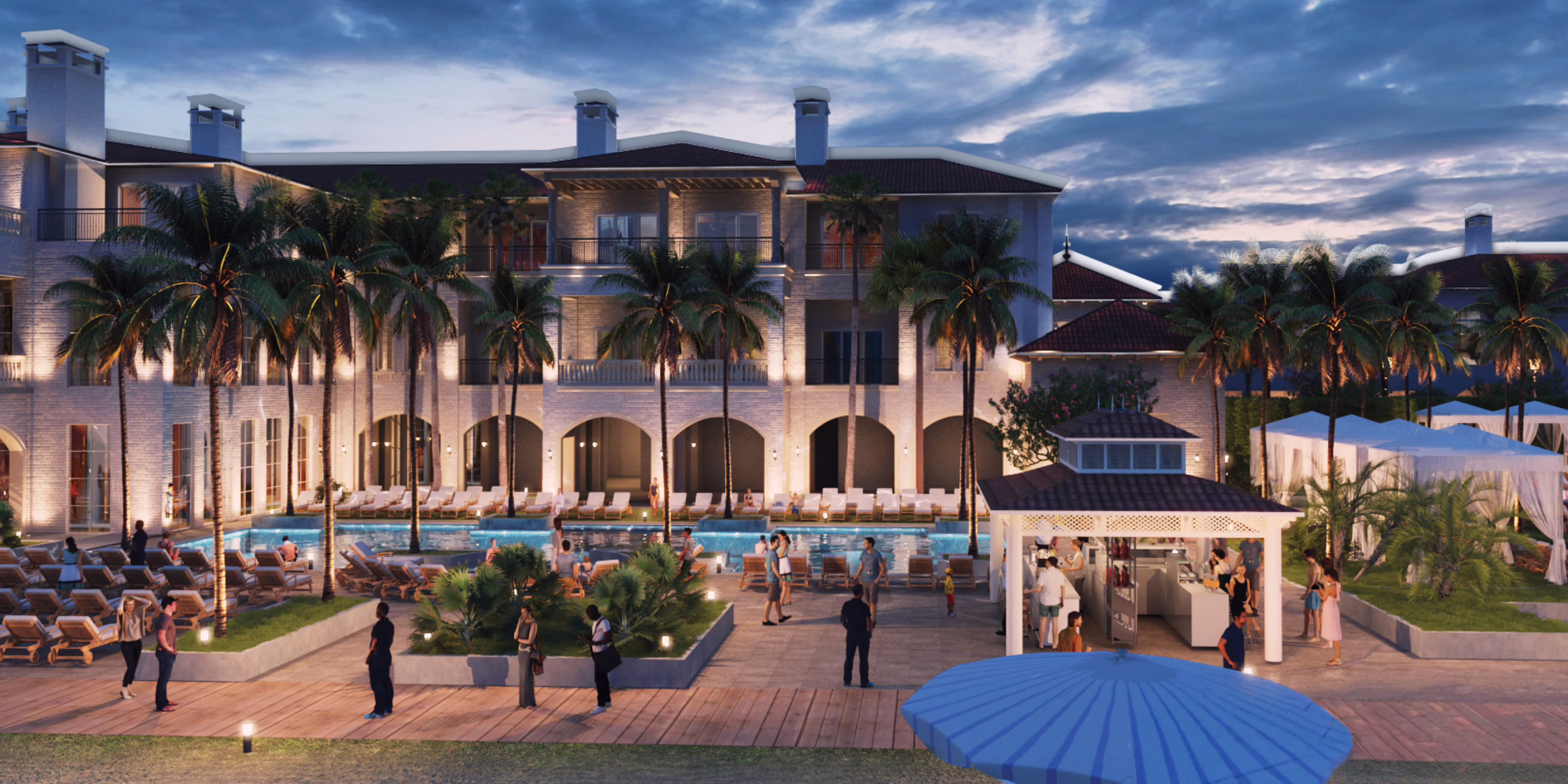 Dusk rendering of the pool deck at Ponte Vedra Inn & Club, with white brick guestroom buildings, arched verandas, palm trees, a pool bar and cabanas.