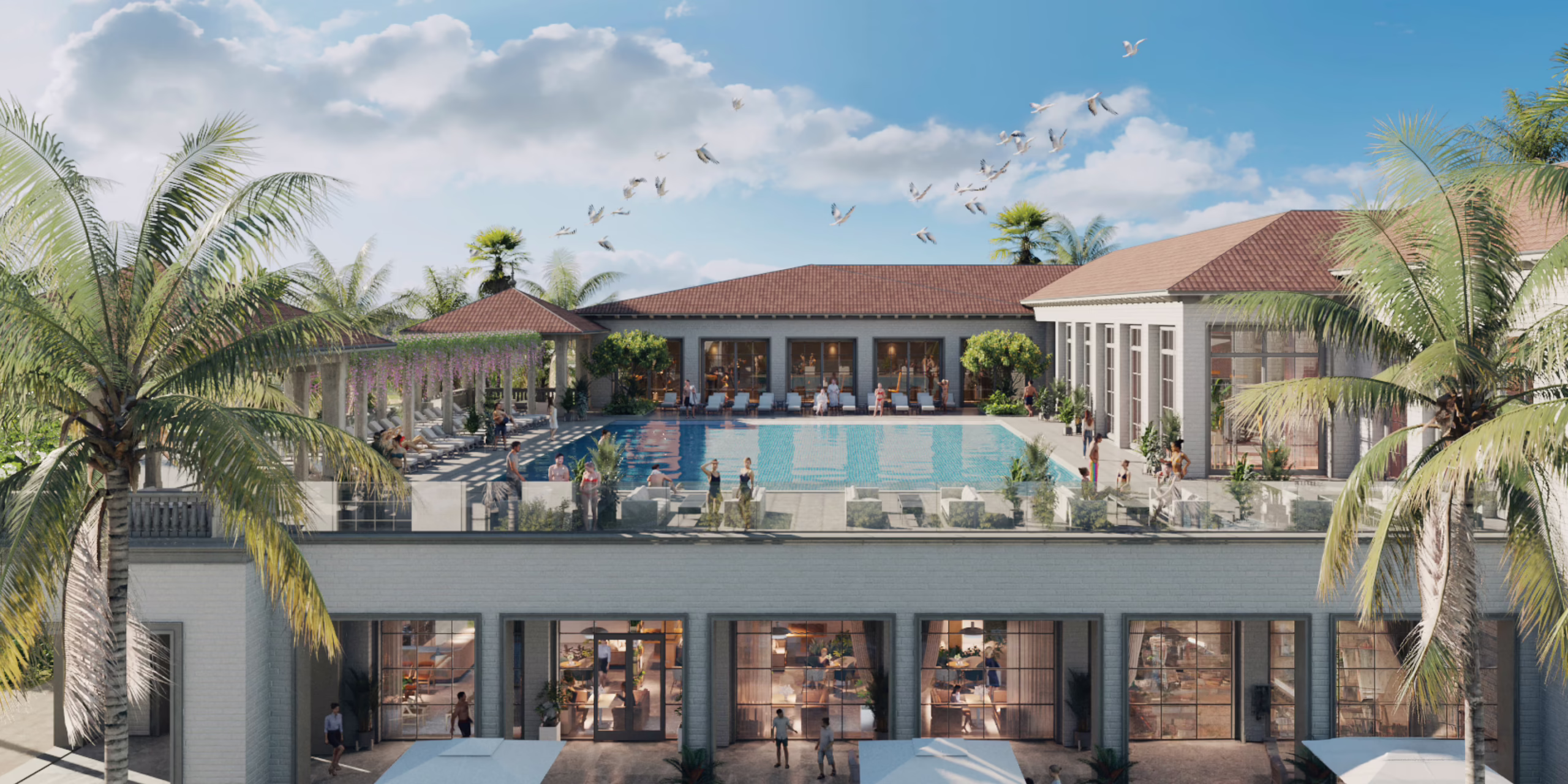 Rendering of the Wellness Center rooftop pool at Ponte Vedra Inn & Club, with lounge chairs, a wisteria pergola and a white brick facade with tall windows below.