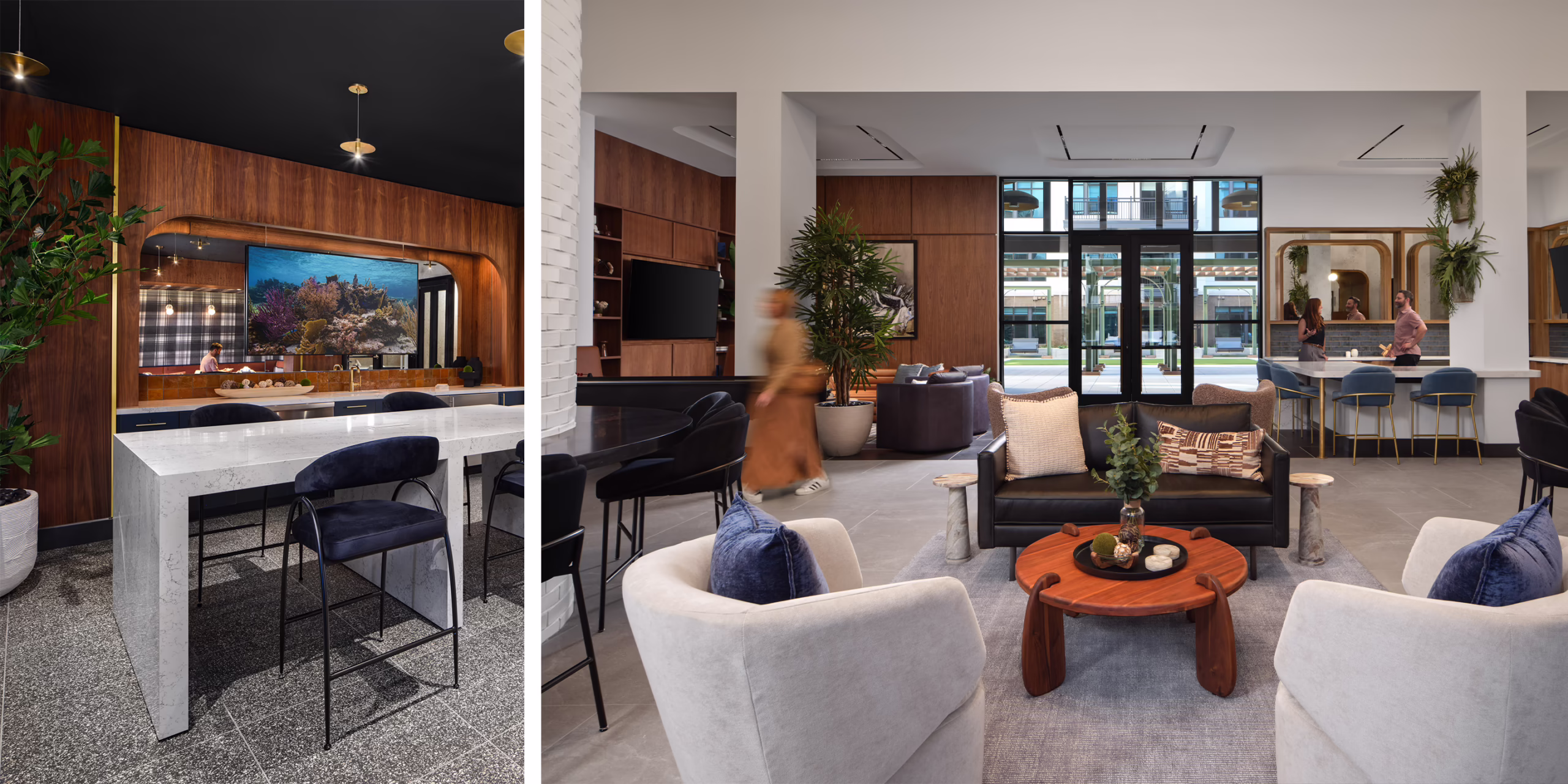 Two views of the amenity spaces at Modera SoBro in Nashville, TN, featuring a dark and moody bar area with a marble high-top table, navy velvet barstools, walnut wood paneling, and brass pendant lighting, alongside a bright open resident lounge with white and charcoal seating, a walnut coffee table, tall indoor palms, gold-framed arched mirrors, and floor-to-ceiling windows overlooking the streetscape.