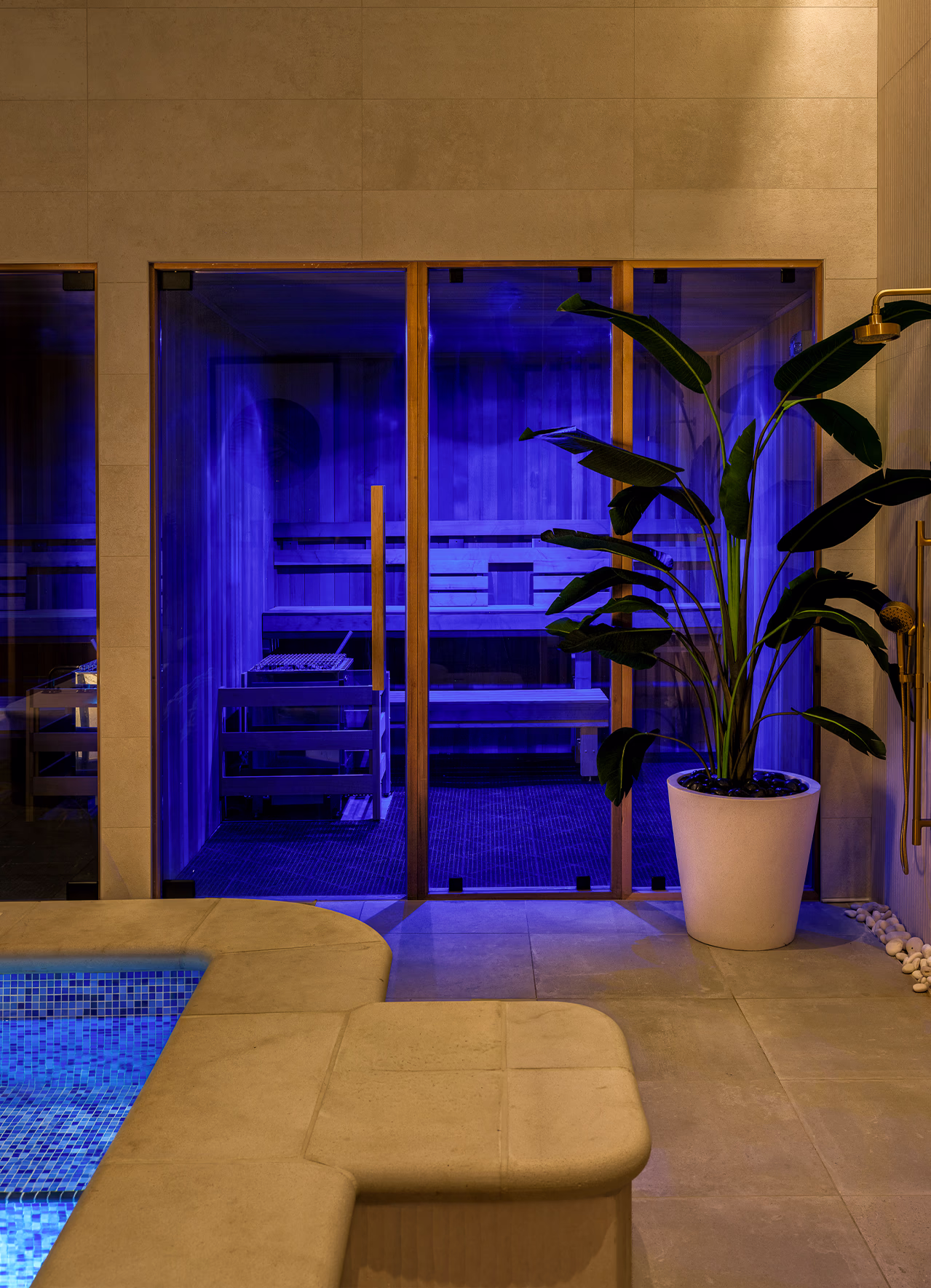 Modera Nations spa in Nashville with two glass-front saunas glowing in blue light beside a tiled cold plunge pool, brass shower fixtures and a potted plant.