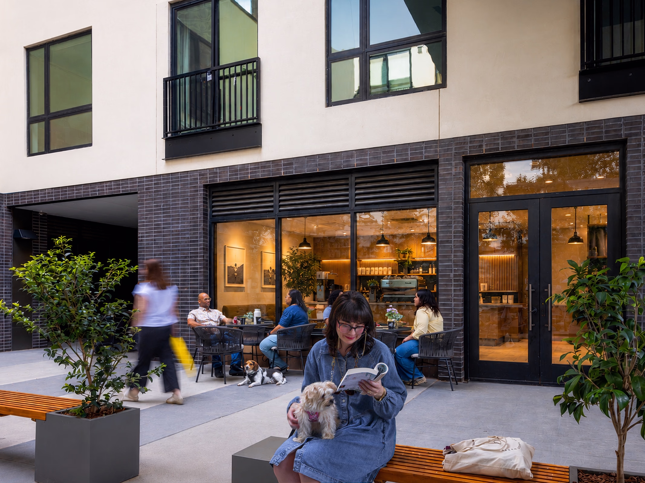 Front Porch Phase I courtyard with pet-friendly outdoor seating near coffee shop, Atlanta co-living community