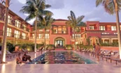 Palm House Hotel Renovation, Exterior Rendering of Pool at Dusk