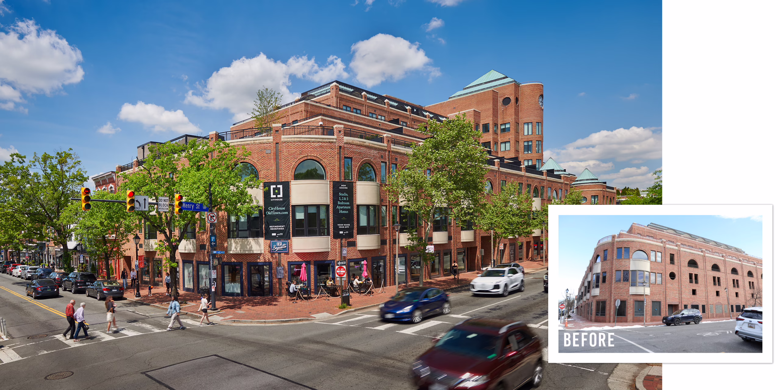 Before-and-after comparison of CityHouse Old Town in Alexandria, Virginia, showing the King Street corner exterior with leasing signage, retail storefronts, and streetscape today, inset with a 'before' photo of the original 1980s-era office building.