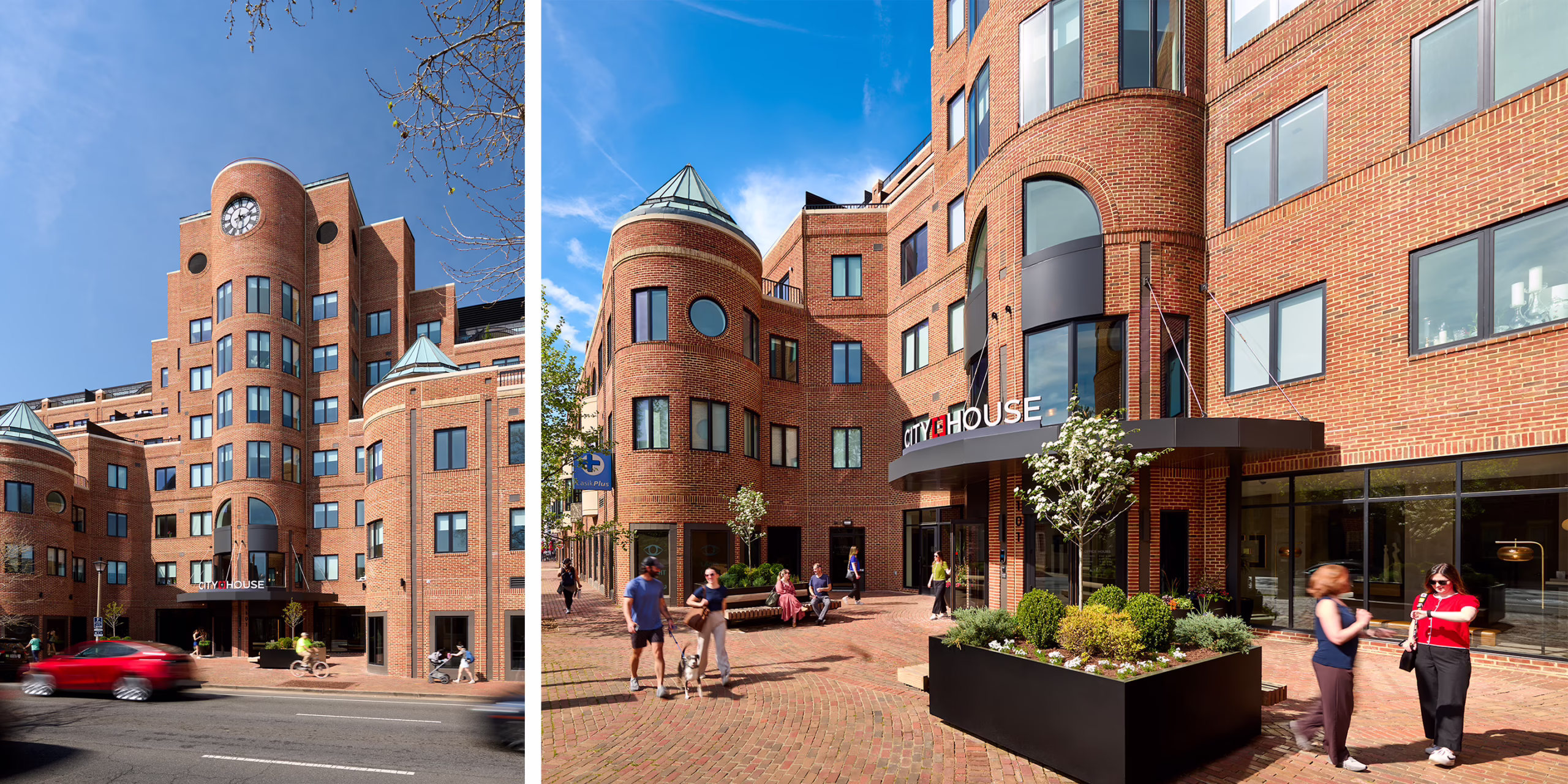 Two street-level views of CityHouse Old Town's brick entrance in Alexandria, Virginia, showing the building's rounded turret tower with clock feature and the ground-floor entry with CityHouse signage, canopy, and landscaped brick plaza where pedestrians walk.