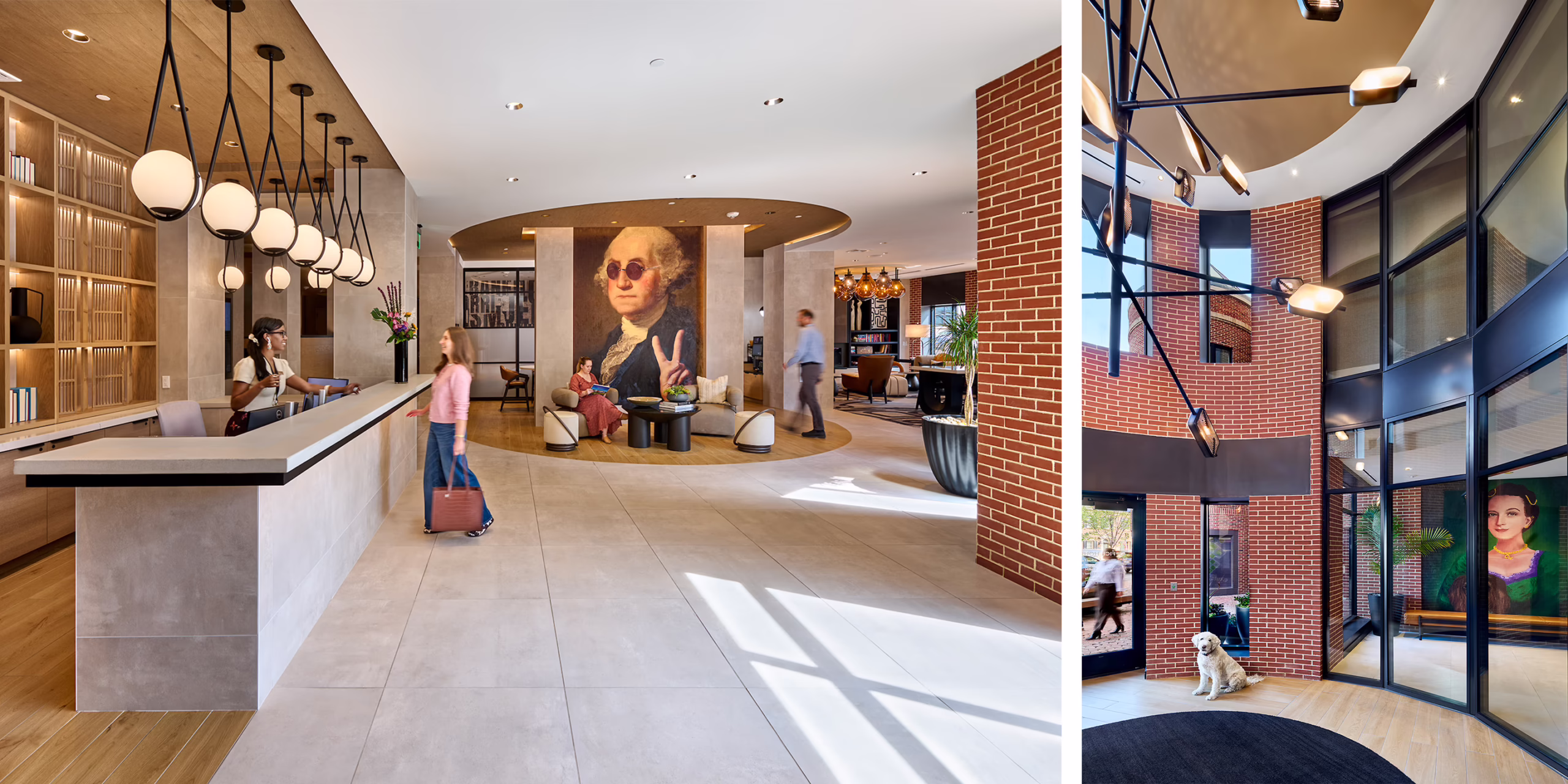 Two views of the CityHouse Old Town concierge lobby in Alexandria, Virginia, featuring a reception desk, globe pendant lighting, playful oversized colonial-era portrait art, lounge seating, and a glass-and-brick entry vestibule with exposed brick columns.