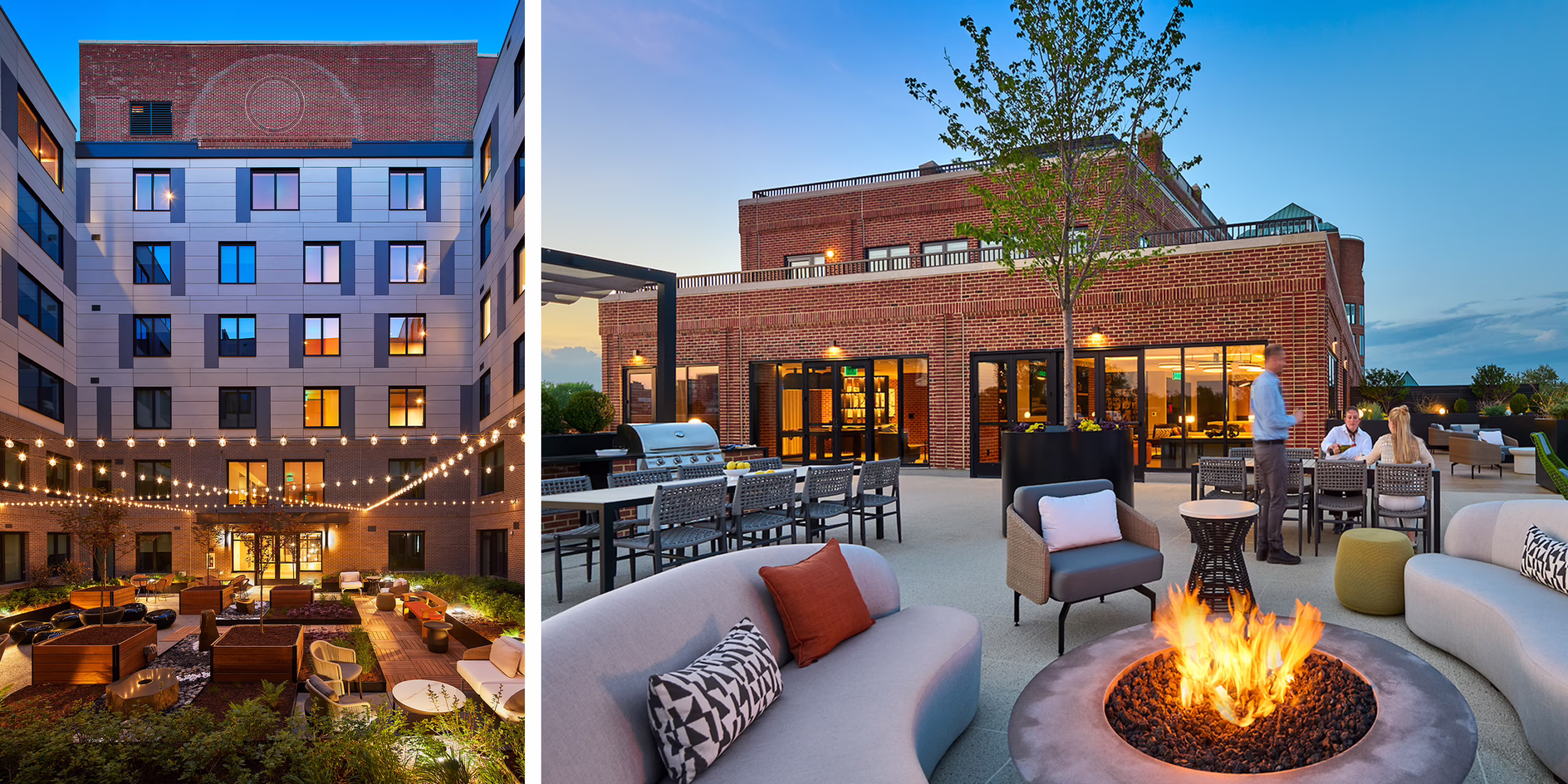 Two evening views of CityHouse Old Town's rooftop social terrace in Alexandria, Virginia, featuring string lights over a courtyard lounge area and an outdoor gathering space with a gas fire pit, grilling stations, dining tables, and curved sofa seating.