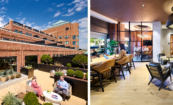 Two views of CityHouse Old Town amenity spaces in Alexandria, Virginia: an outdoor rooftop terrace with lounge seating, greenery, and views of the brick building, and an indoor coworking area with communal desks, private meeting rooms, and lounge seating.