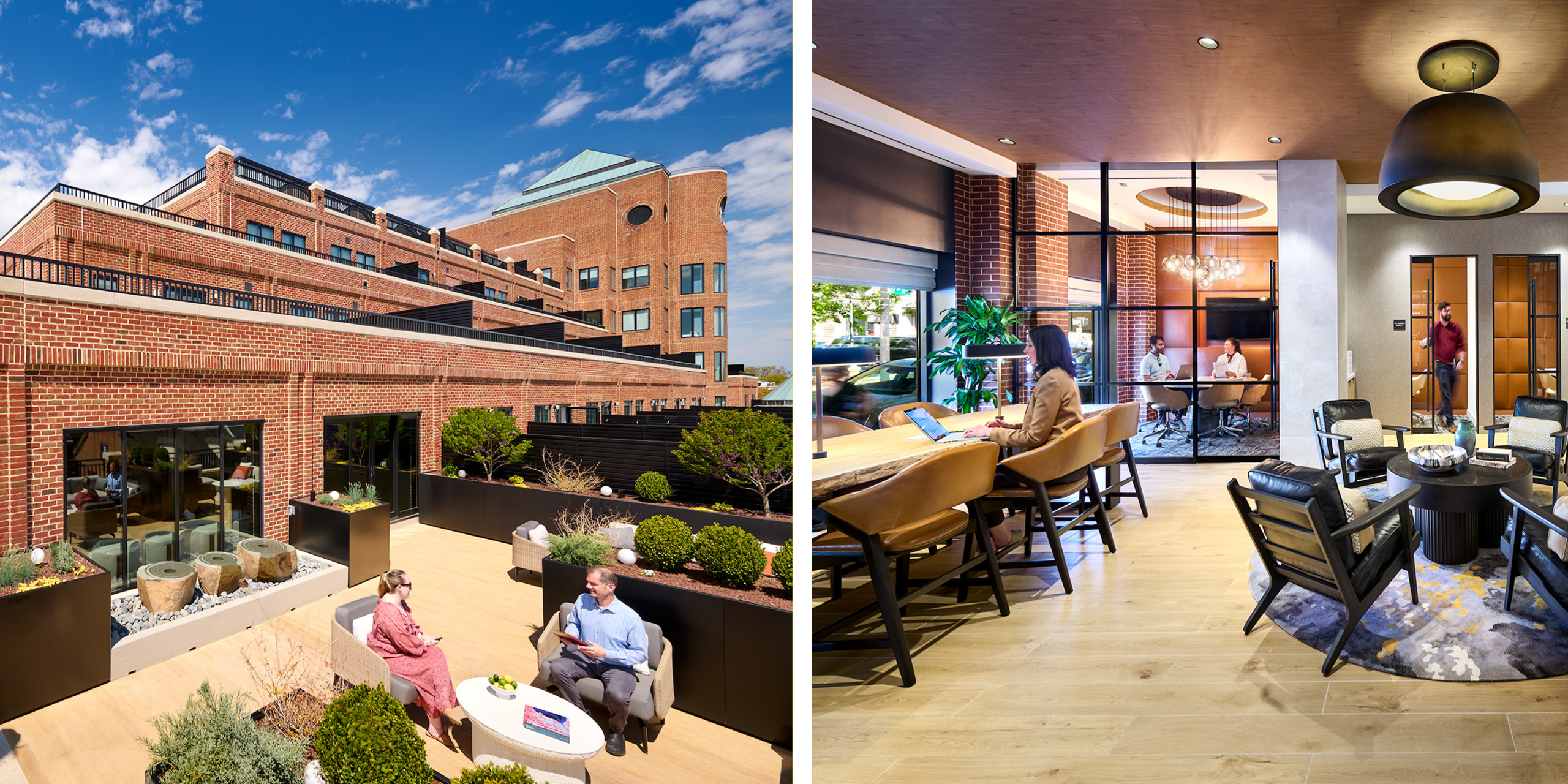 Two views of CityHouse Old Town amenity spaces in Alexandria, Virginia: an outdoor rooftop terrace with lounge seating, greenery, and views of the brick building, and an indoor coworking area with communal desks, private meeting rooms, and lounge seating.