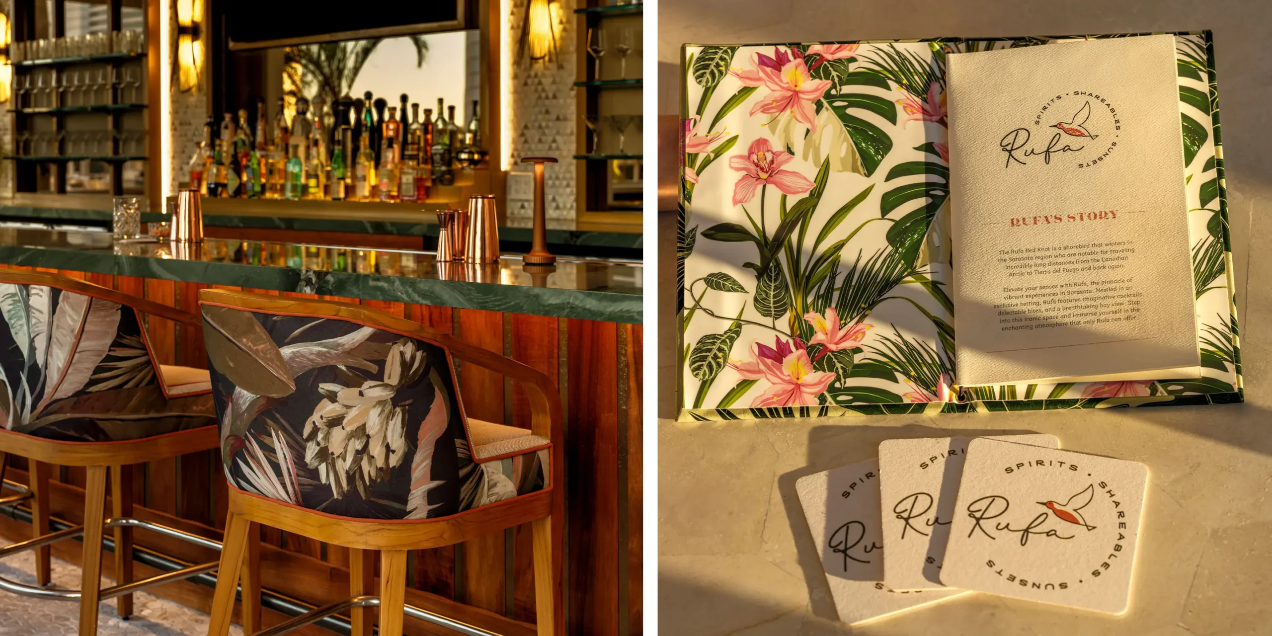 Branding: logo, menu, and coasters for Rufa restaurant inspired by migratory shorebird