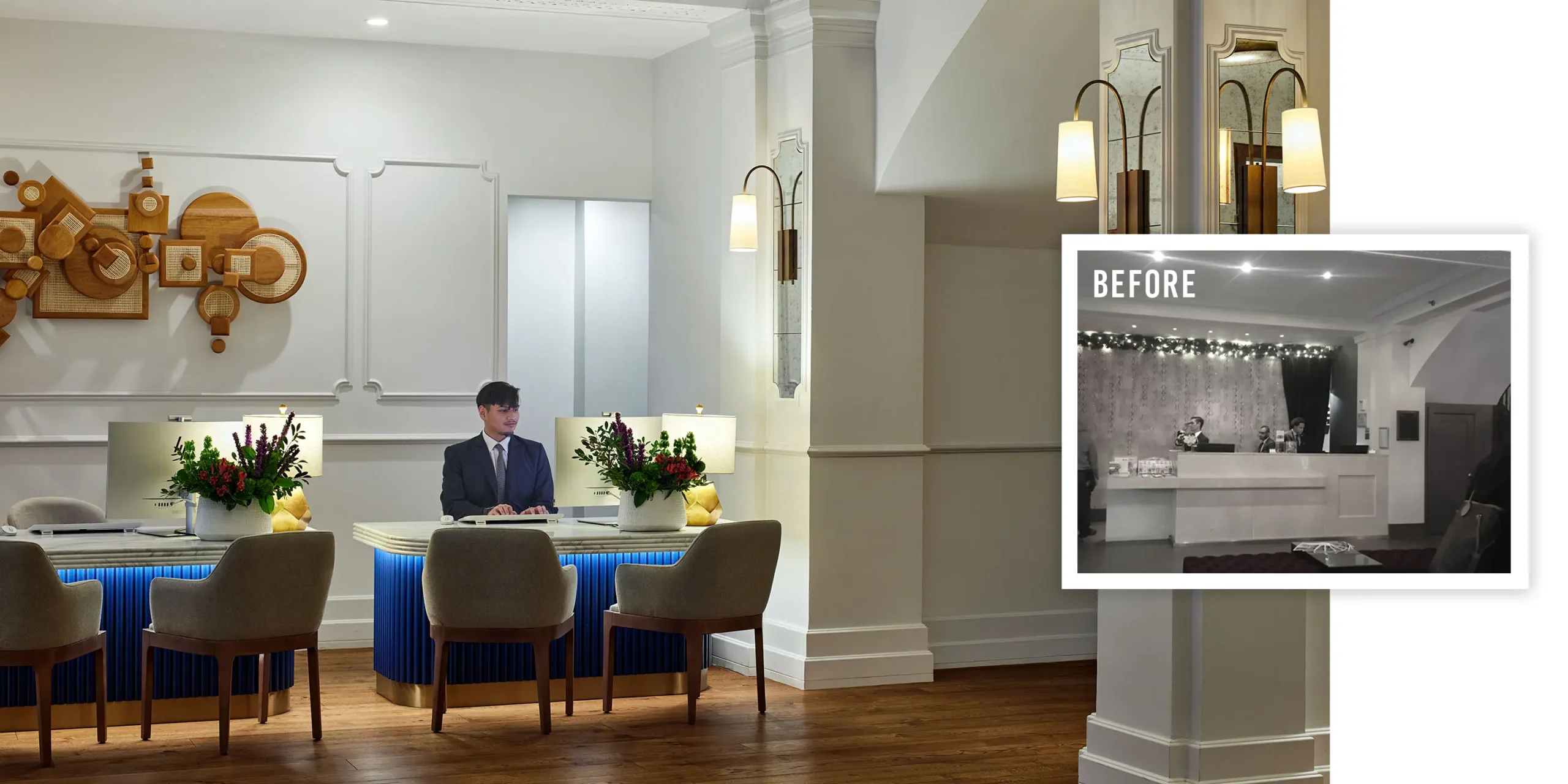 Renovated hotel lobby in NYC at The Chemists’ Club Hotel