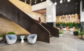 Society Atlanta lobby with sculptural black metal staircase