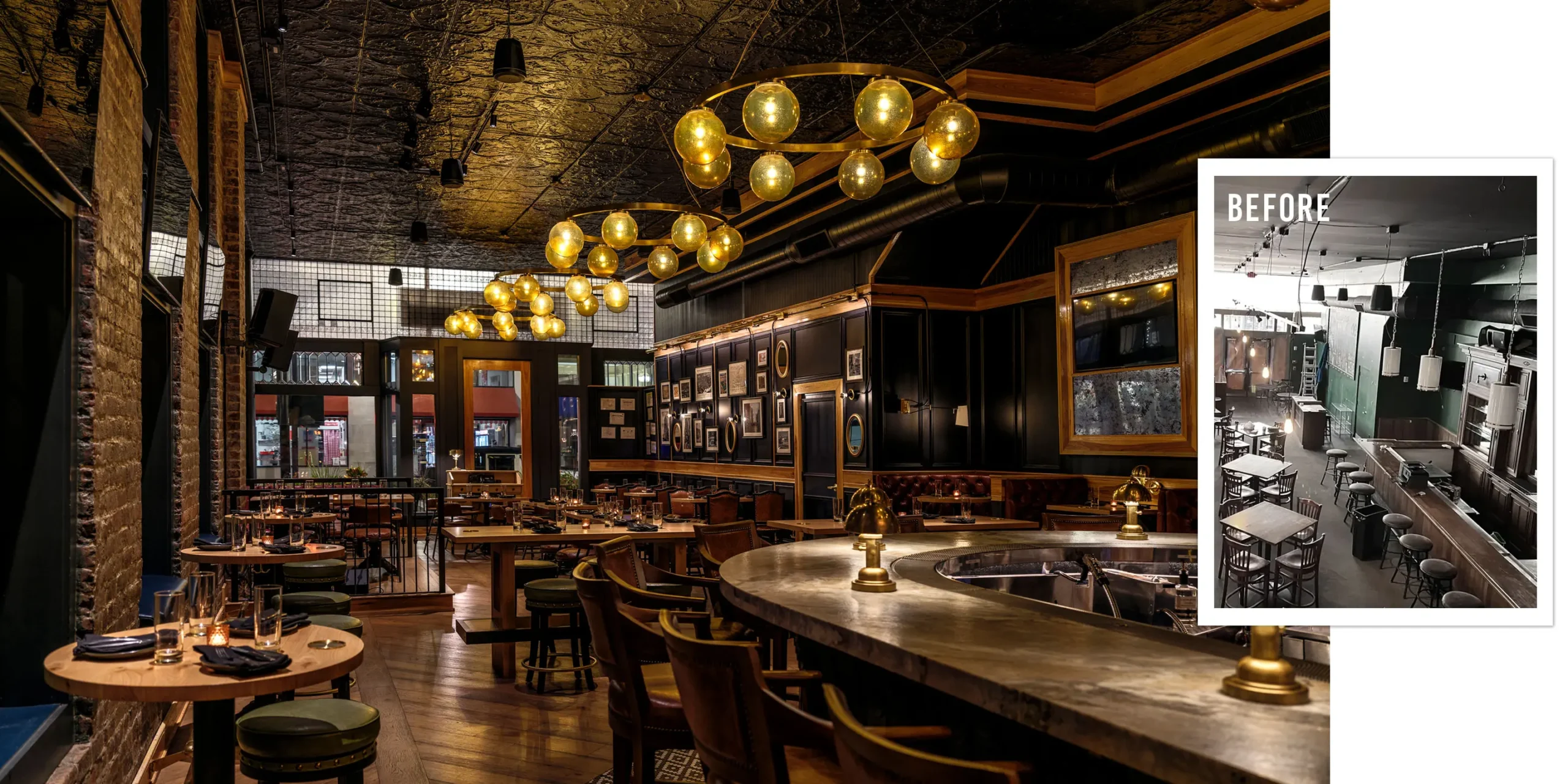 Side-by-side comparison of The Kennedy gastropub before and after renovation, showing transformation from dated pub to warm, historic interior