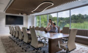 Sompo Atlanta conference room with sculptural wood ceiling and integrated lighting