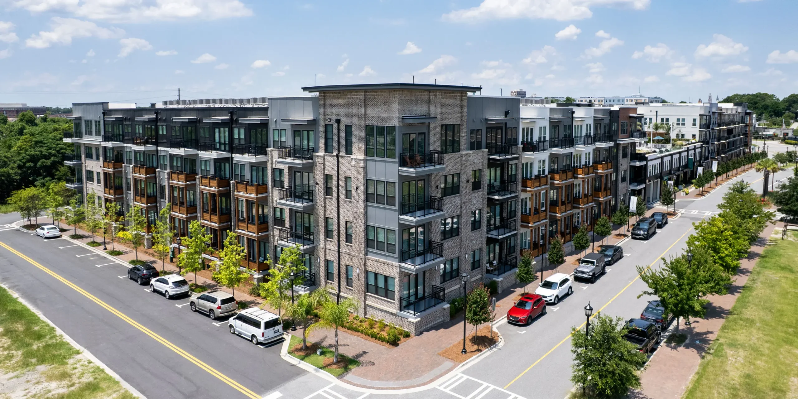 Bird's eye view of Pilot & Park apartments at Eastern Wharf in Savannah, GA.