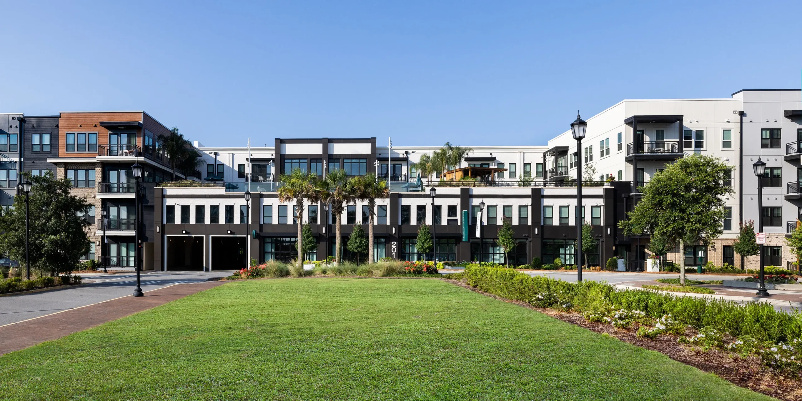 Exterior view of Pilot & Park apartments at Eastern Wharf in Savannah, GA.