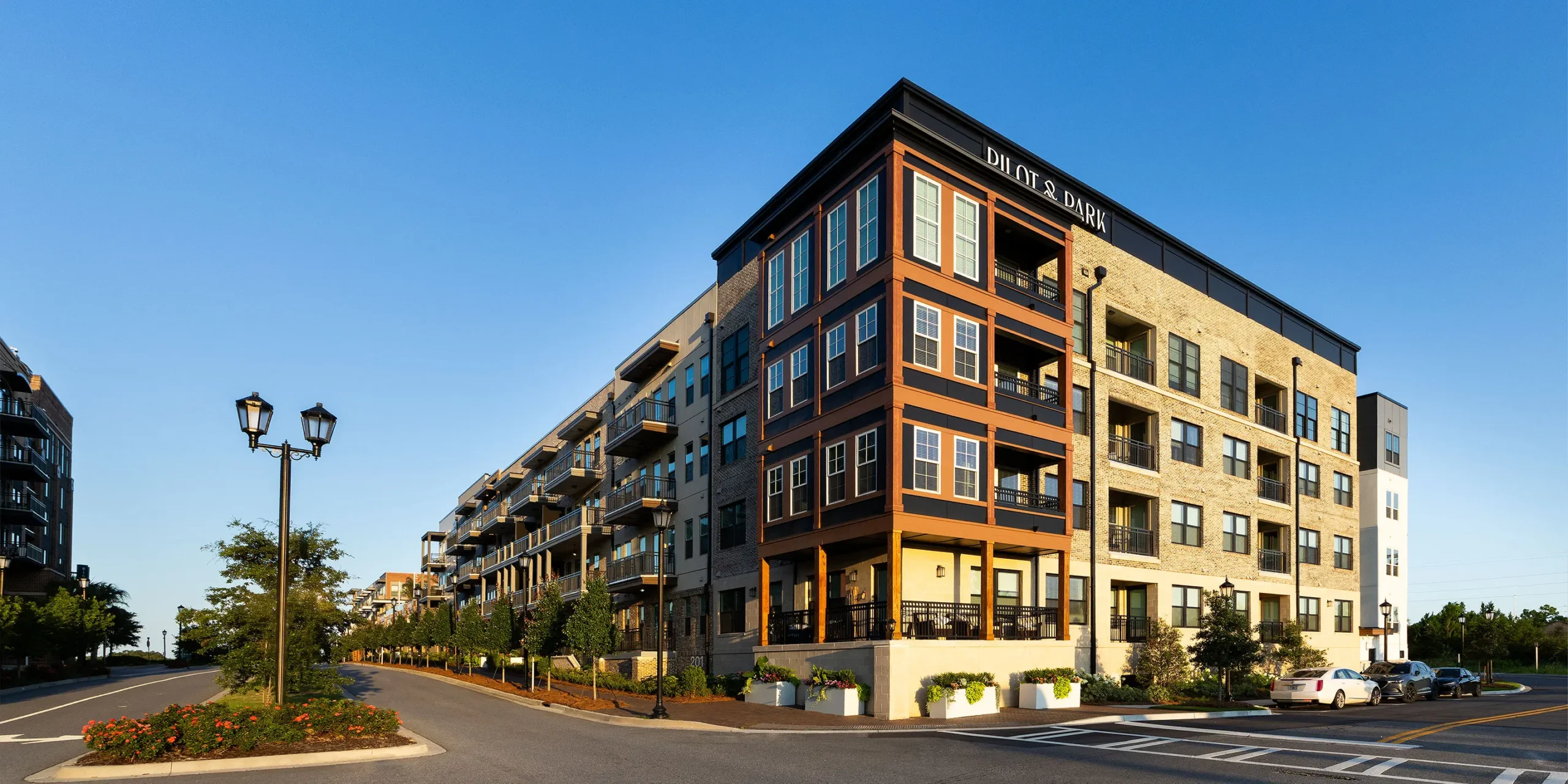 Exterior view of Pilot & Park apartments at Eastern Wharf in Savannah, GA.
