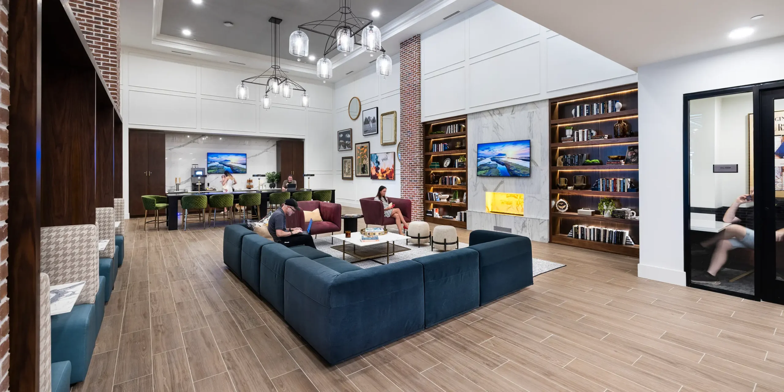 Resident lounge at Pilot & Park apartments with modern furnishings.