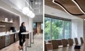 Detail of sculptural wood ceiling with integrated lighting paired with neutral-toned office coffee bar