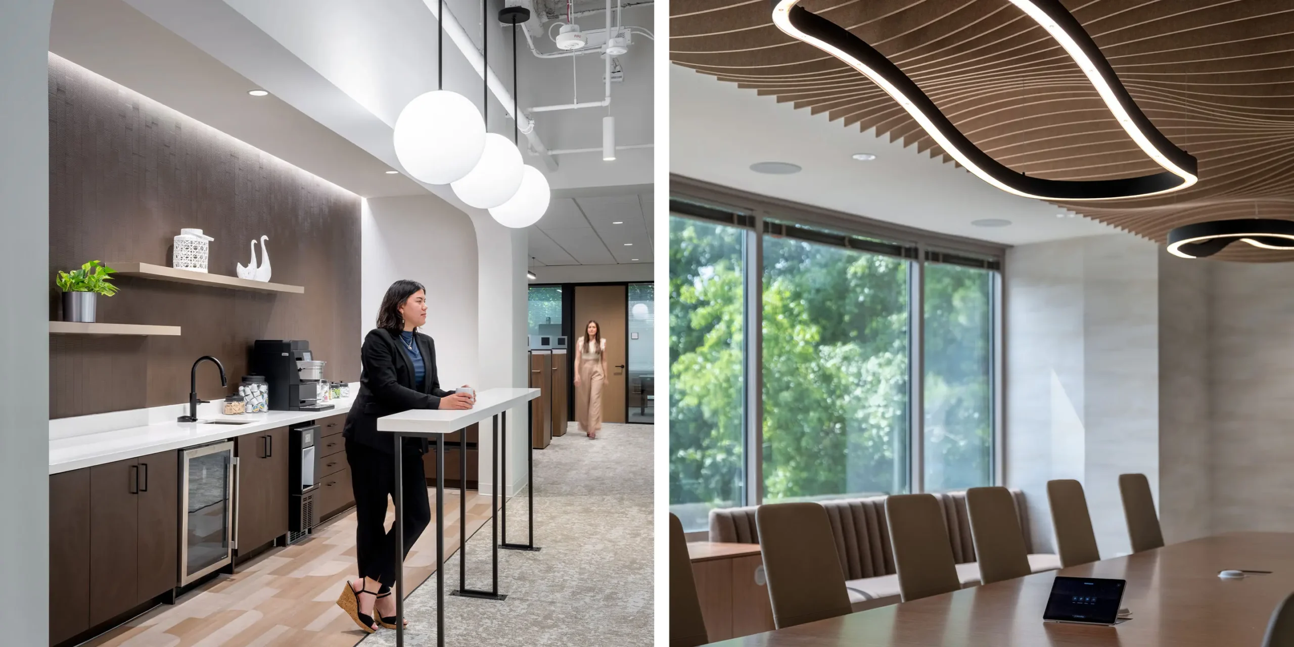Detail of sculptural wood ceiling with integrated lighting paired with neutral-toned office coffee bar