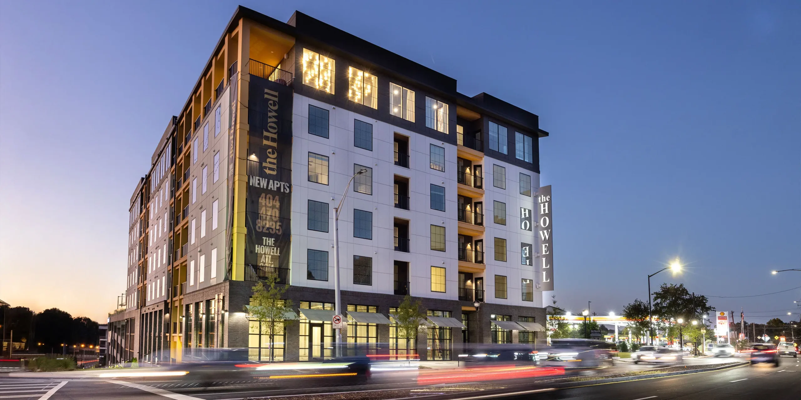 Nighttime street view of The Howell