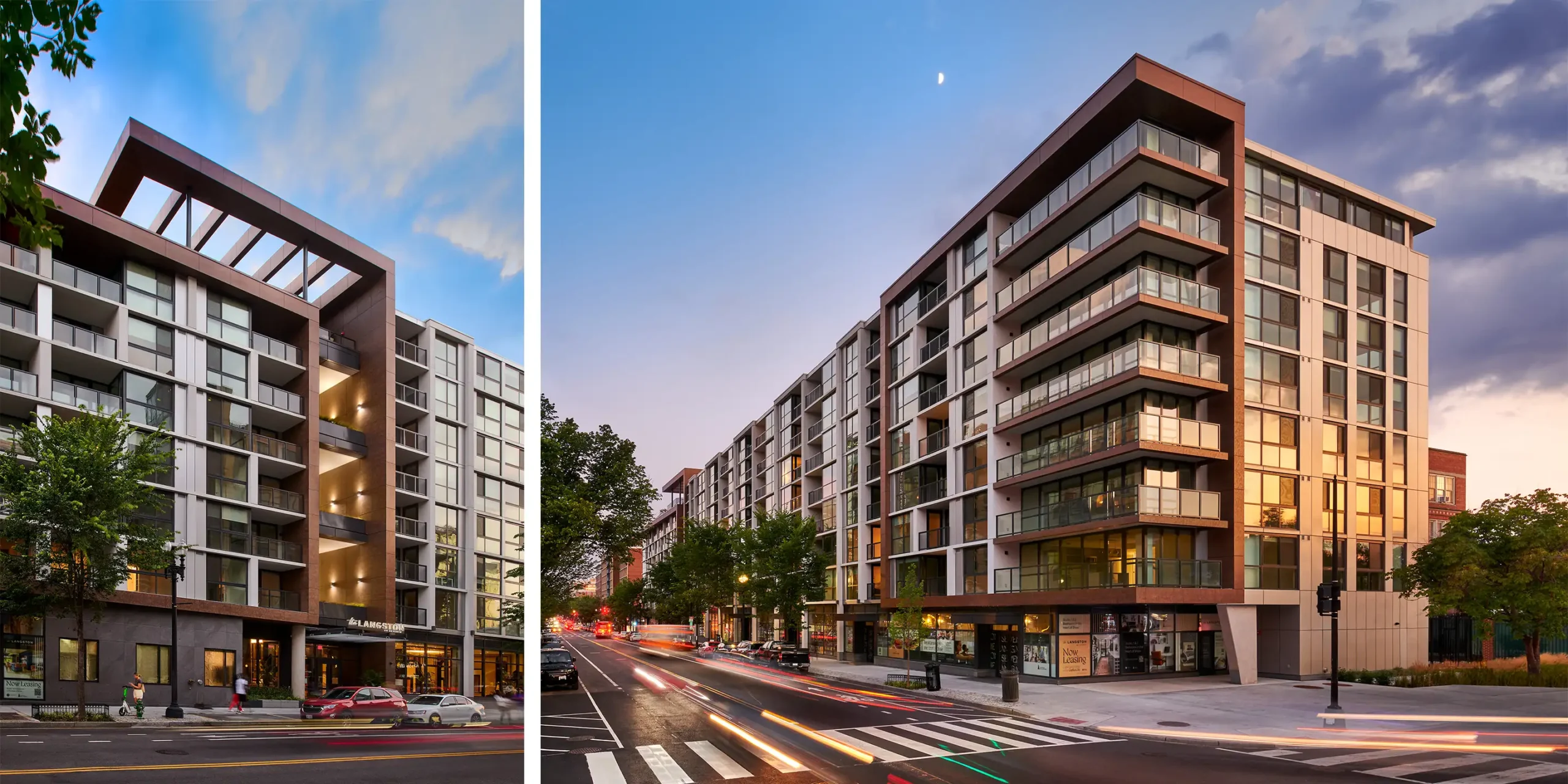 Two different angles of The Langston on Seventh exterior entrance.