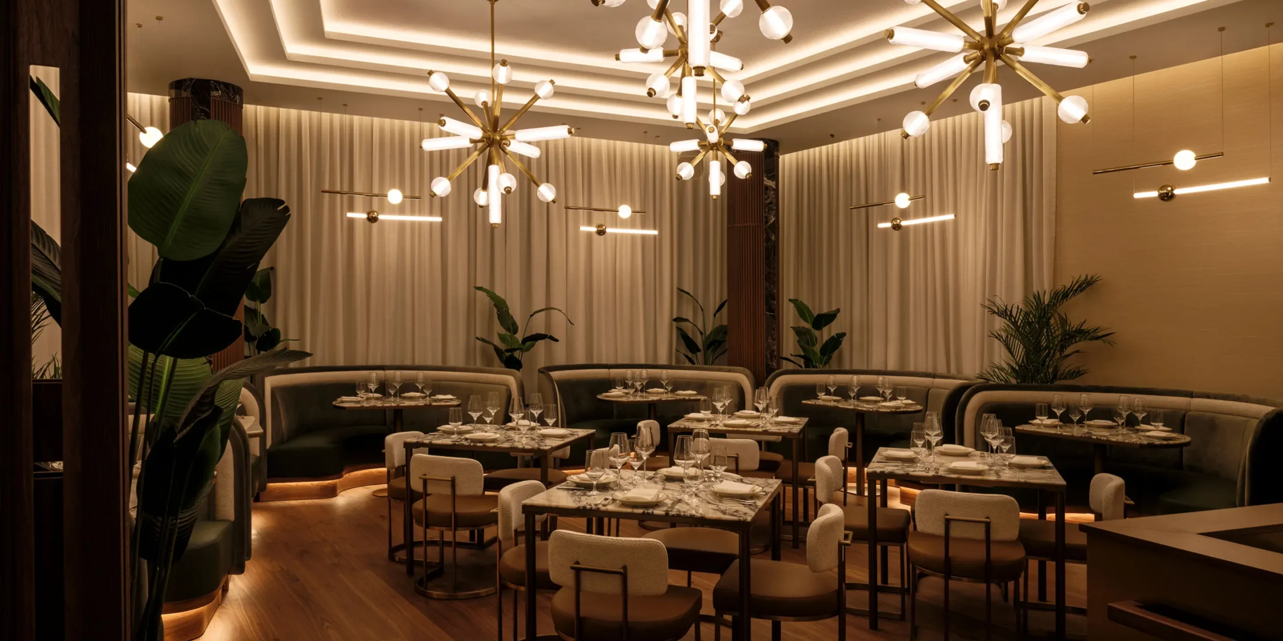 Main dining room with expo kitchen at 1587 Prime Kansas City steakhouse.