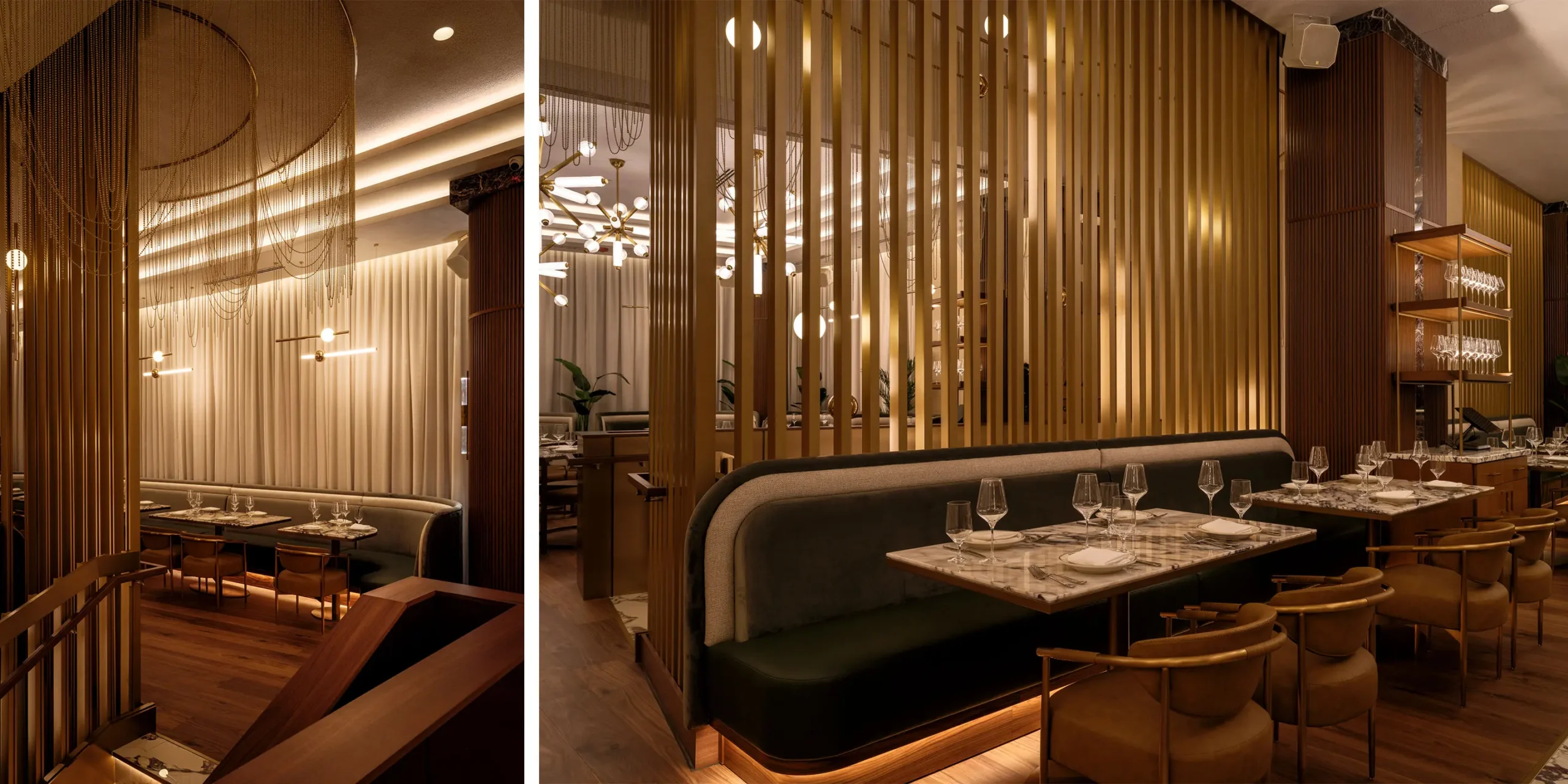 Banquette seating and accents inspired by Kansas City Chiefs colors.