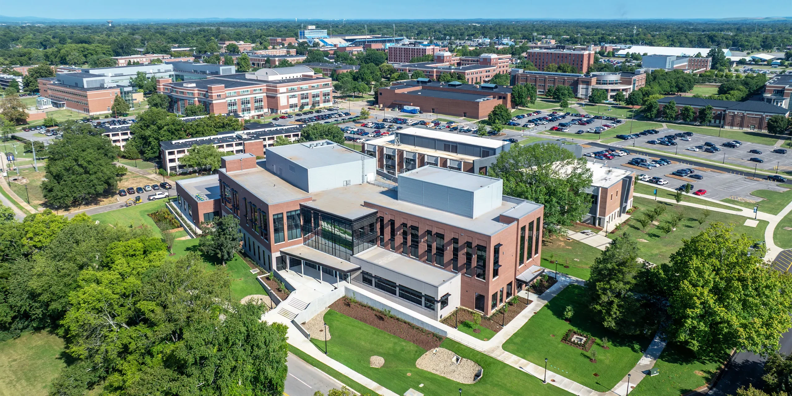 Exterior Bird's Eye View of Applied Engineering Building at Middle Tennessee State University with modern glass and brick façade
