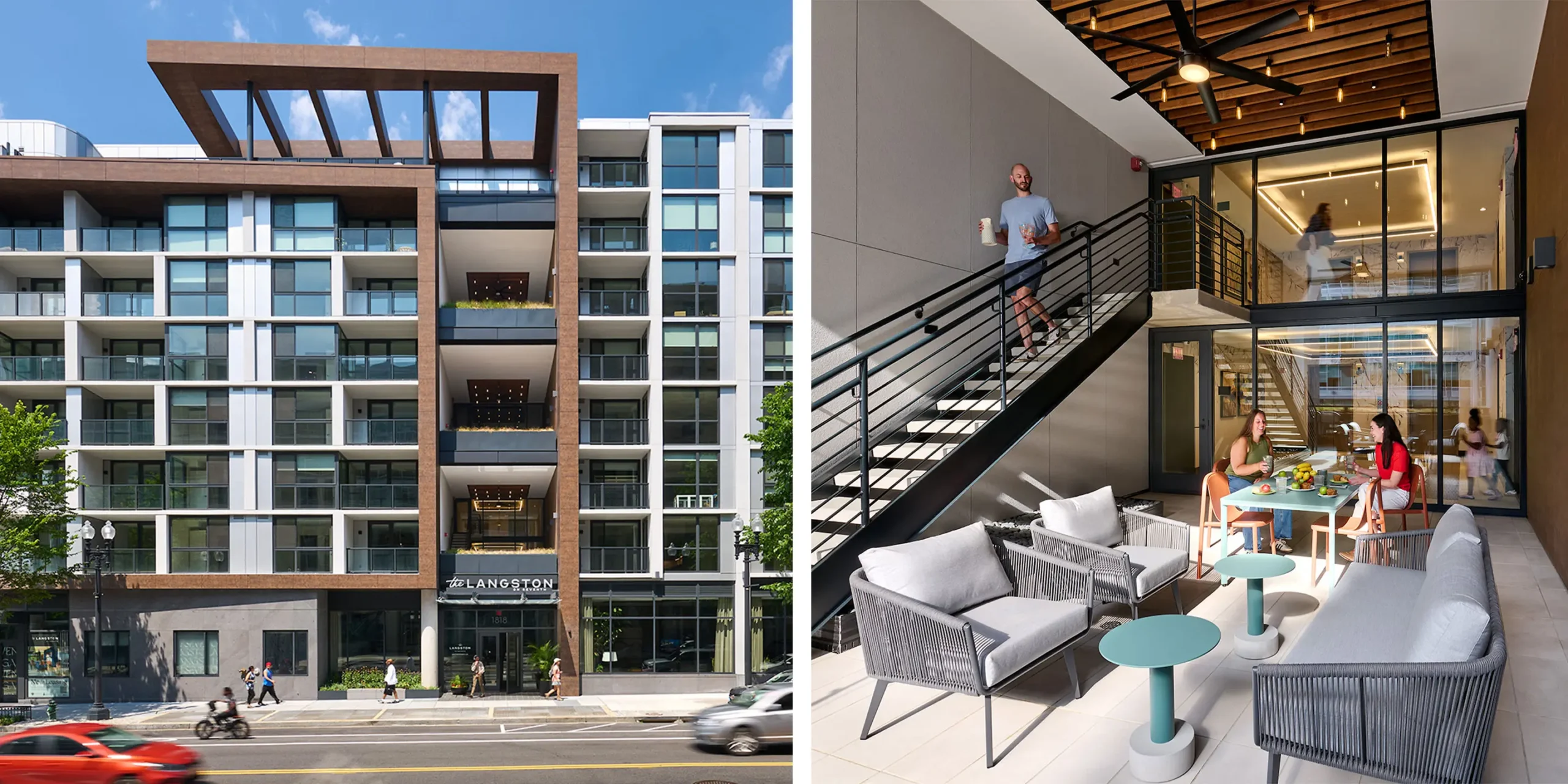 Central double-height amenity terrace at The Langston on Seventh connecting residential floors.