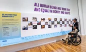 Universal Declaration of Human Rights Discovery Wall: A tactile installation where visitors peer through peepholes to discover the universal human rights outlined in the UDHR.