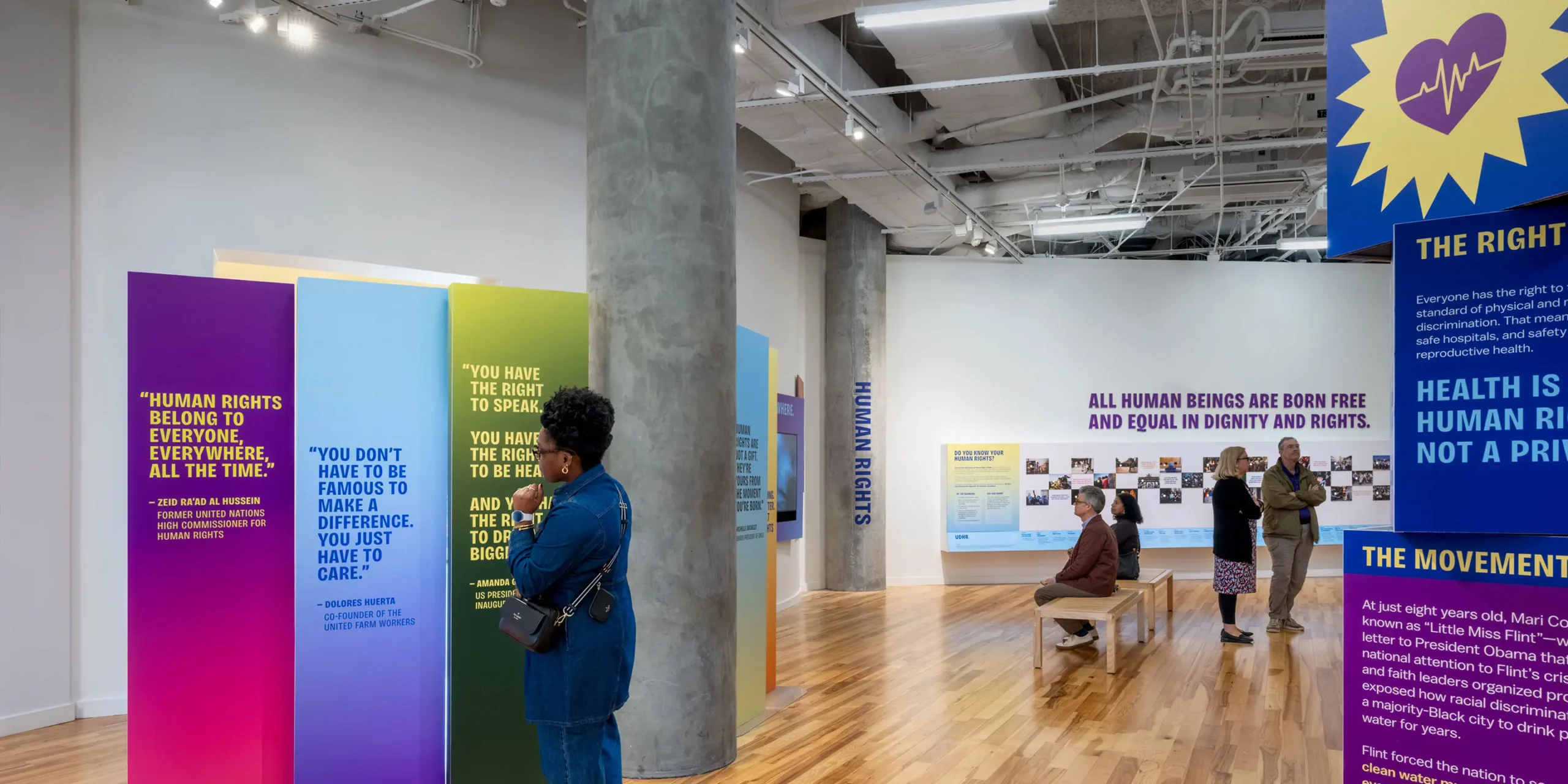 Universal Declaration of Human Rights Discovery Wall: A tactile installation where visitors peer through peepholes to discover the universal human rights outlined in the UDHR.