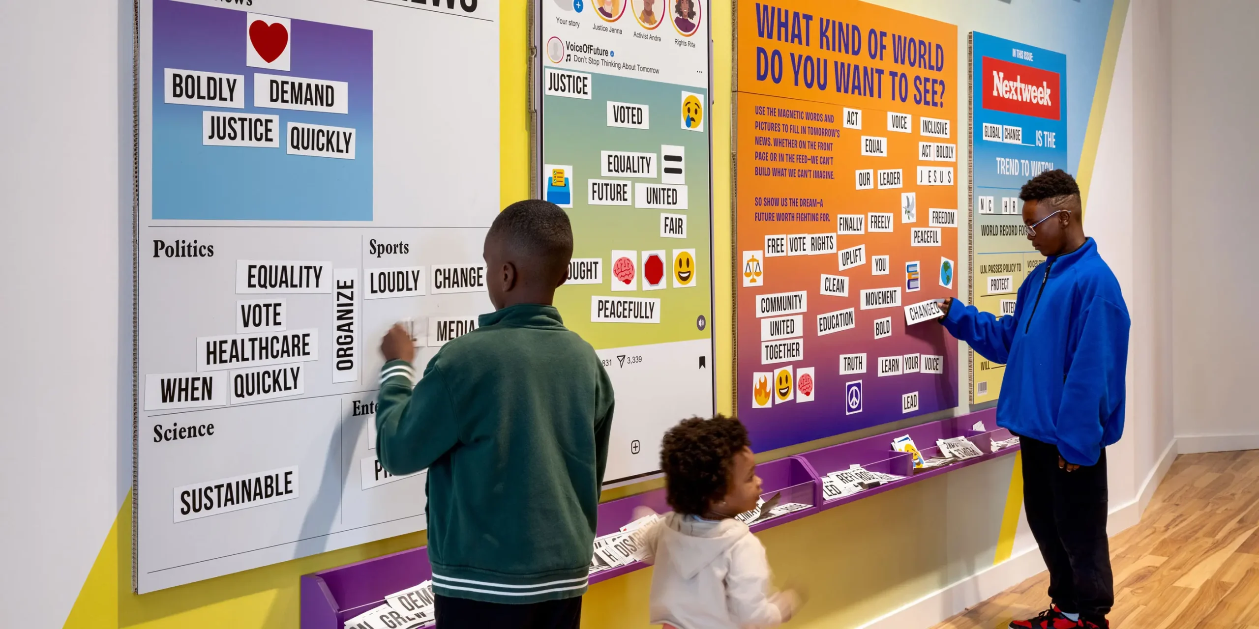 Updateable Magnetic Content Walls: Magnetic and modular wall system displaying updateable content about current human rights issues and advocacy opportunities.