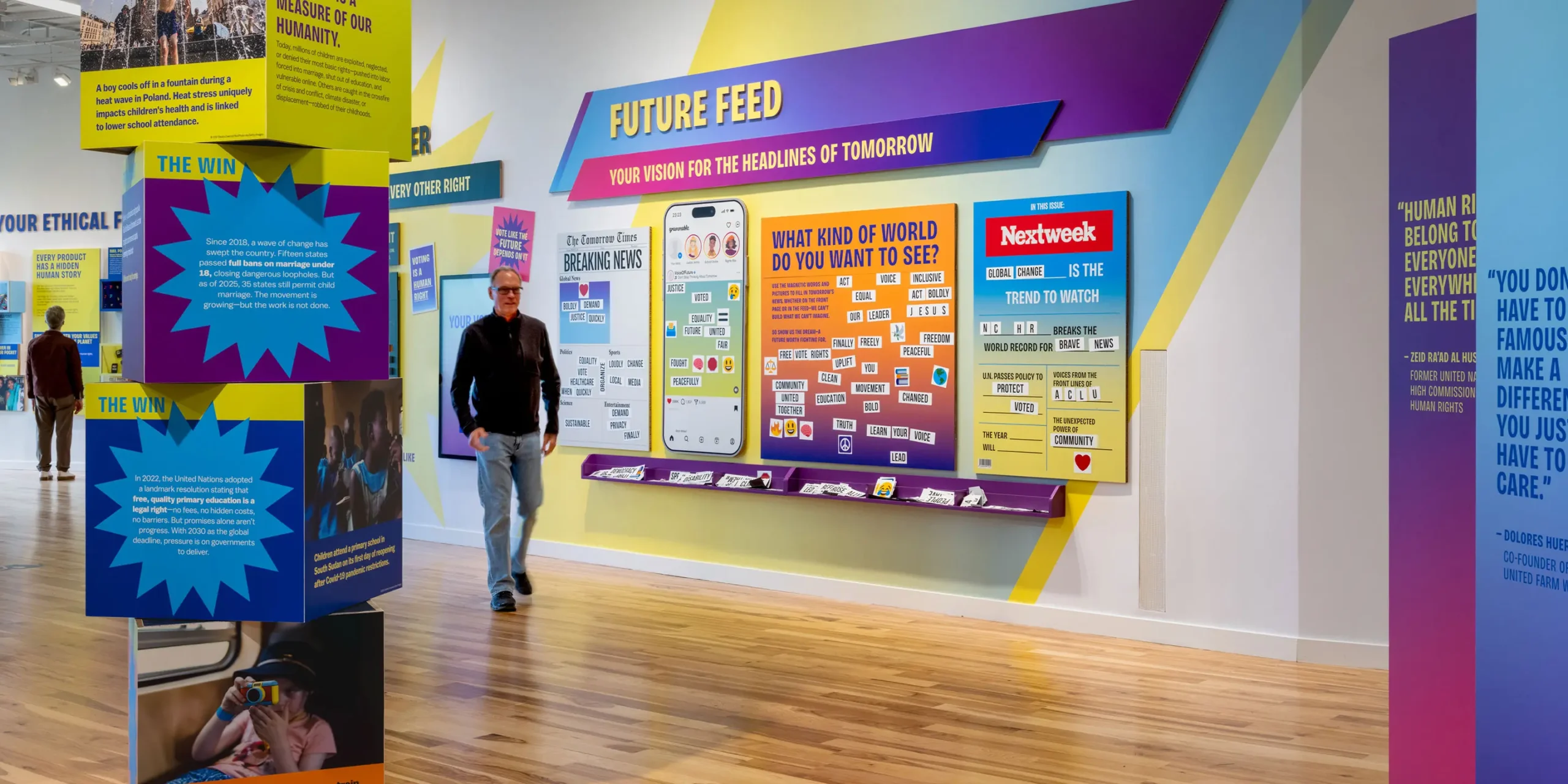 Updateable Magnetic Content Walls: Magnetic and modular wall system displaying updateable content about current human rights issues and advocacy opportunities.