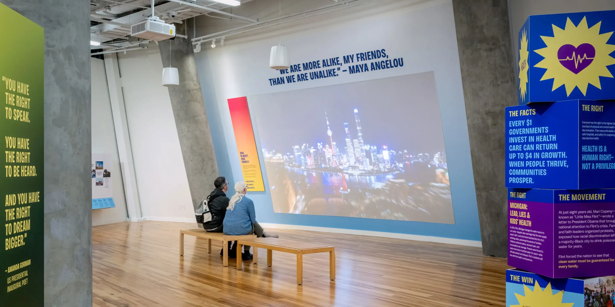 Global Shared Humanity Film: Looping animated film map illustrating shared human experiences across continents within the Everyone. Everywhere. gallery.