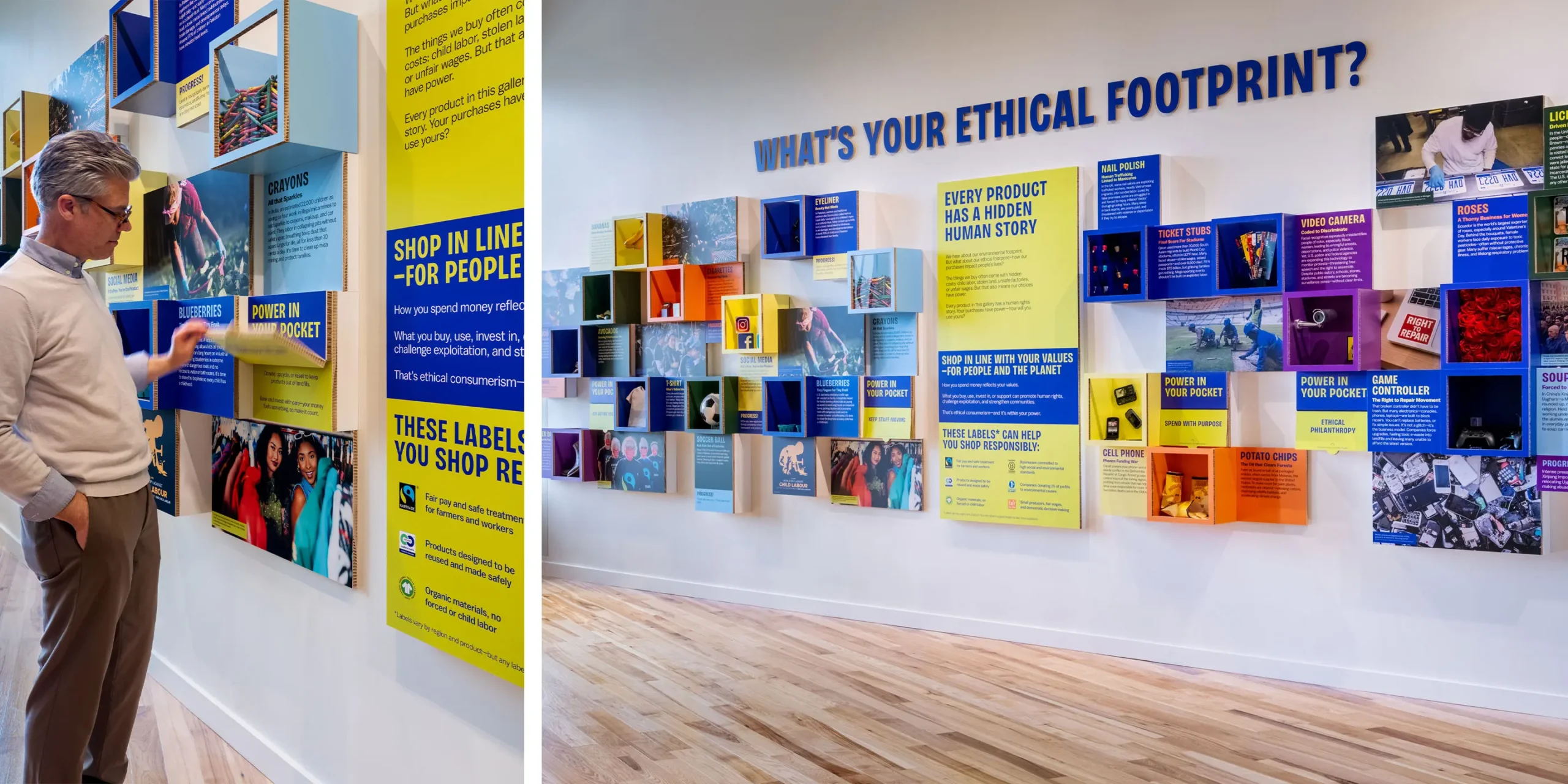 Ethical Footprint Wall: Display cases that examine the human rights implications of everyday products—from soccer balls to chocolate.