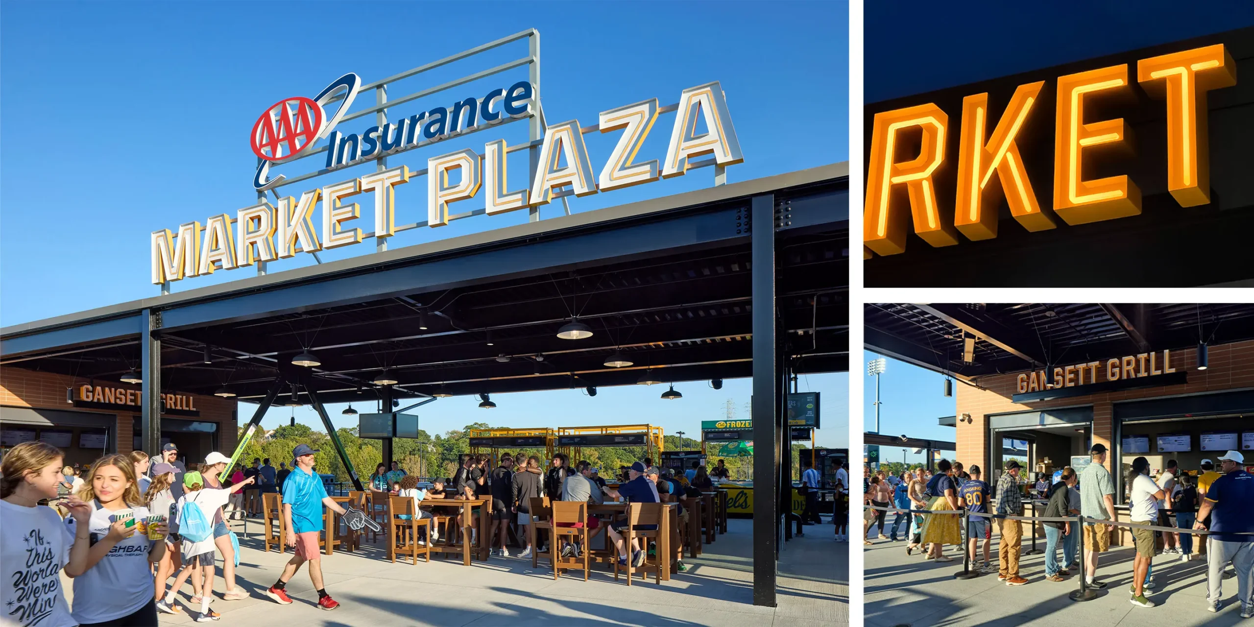 Concession branding and signage integrated into the stadium concourse.