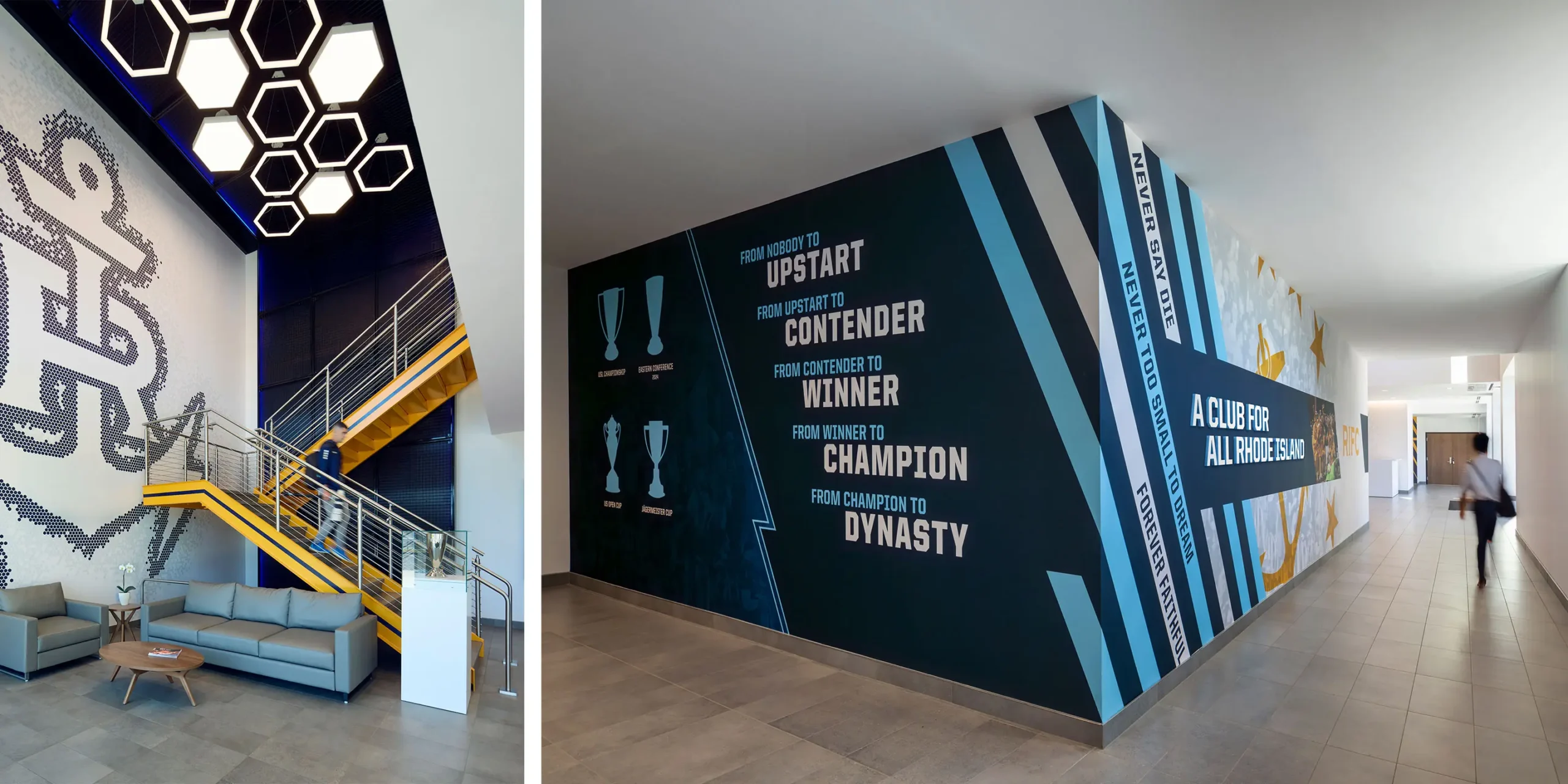 Two-story interior graphic featuring Rhode Island FC’s anchor-and-R team mark, with adjacent corner wall graphics displaying inspirational team-focused messages.