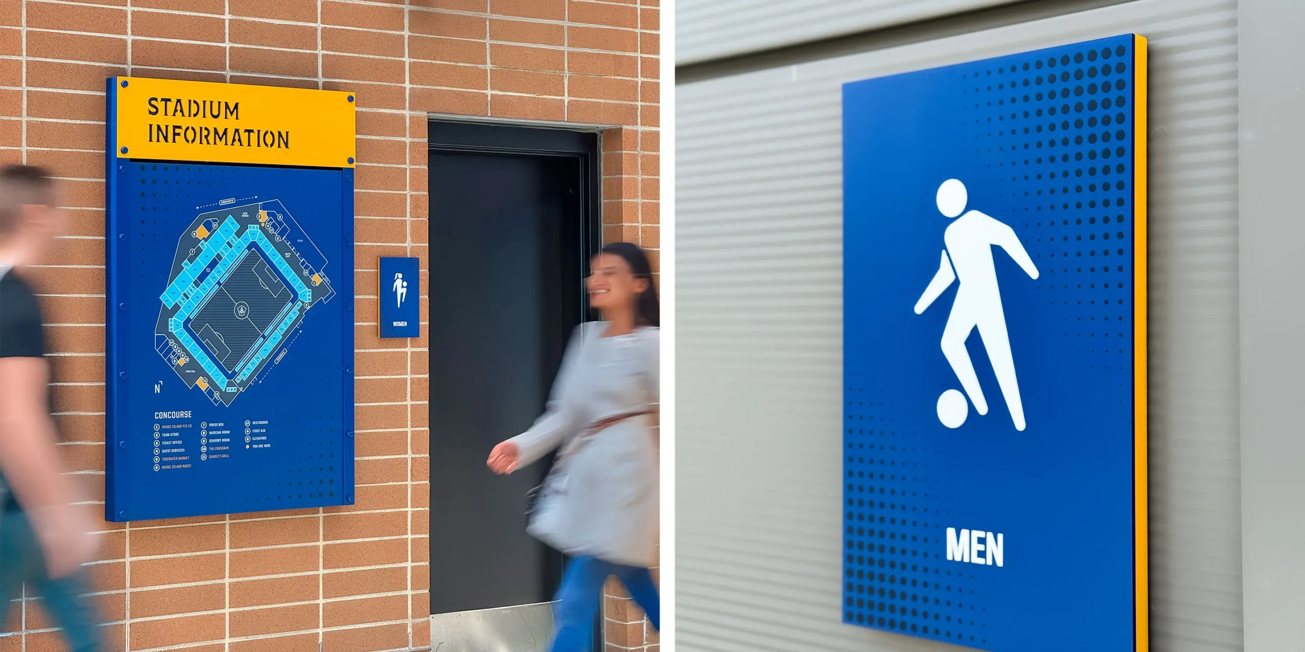 Wall-mounted Stadium Information sign with map and key beside women’s restroom door featuring ADA-compliant signage; paired with a detail of the men’s restroom ADA sign showing a soccer-themed pictogram.