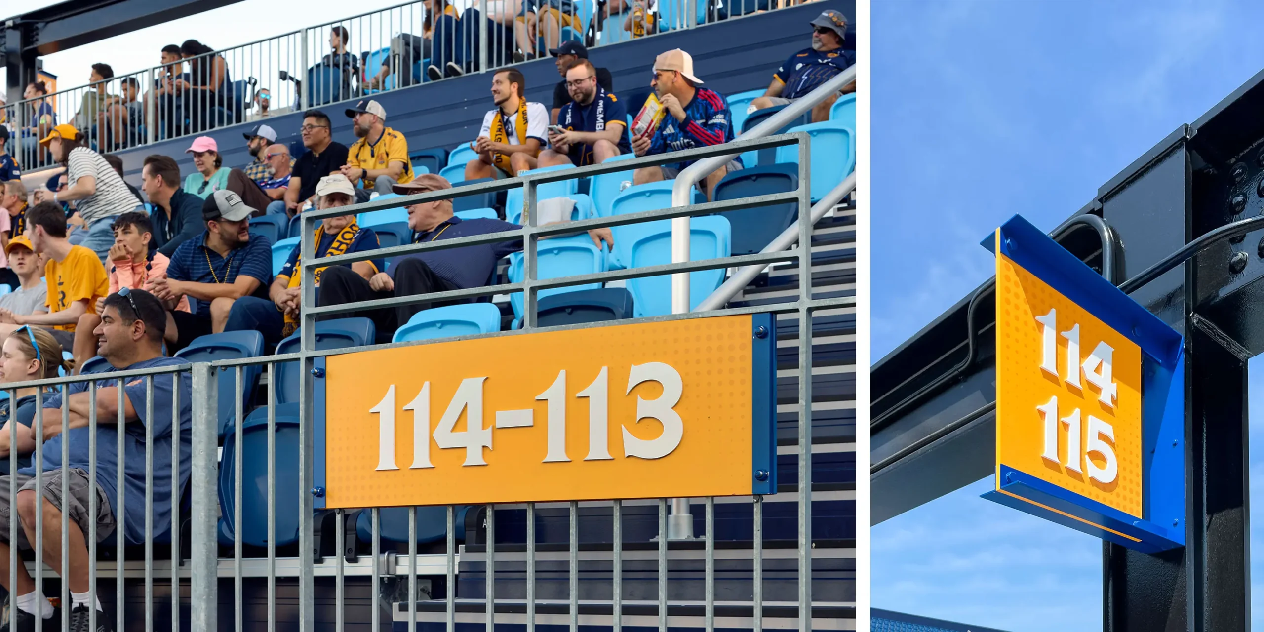 Stadium seating filled with fans and a section number sign in the foreground; paired with an overhead identification sign displaying seat numbers for the section.