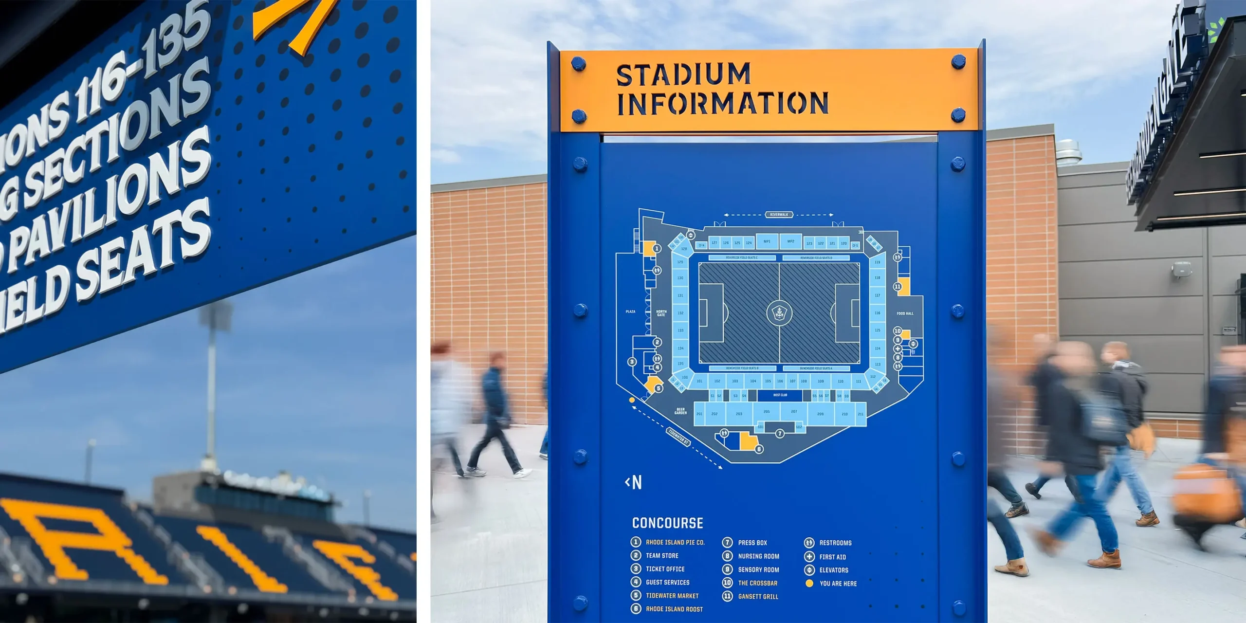 Industrial-style “Stadium Information” sign with map and key alongside overhead pedestrian directional signage; dimensional letters and stadium seating reading “RIFC” visible in background.