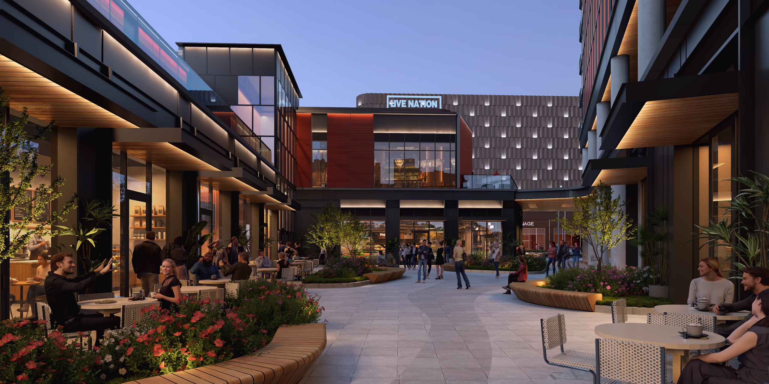 Evening rendering of an outdoor café courtyard at Centennial Yards in Atlanta, with dining patrons, landscaped seating, and the Live Nation venue in the background