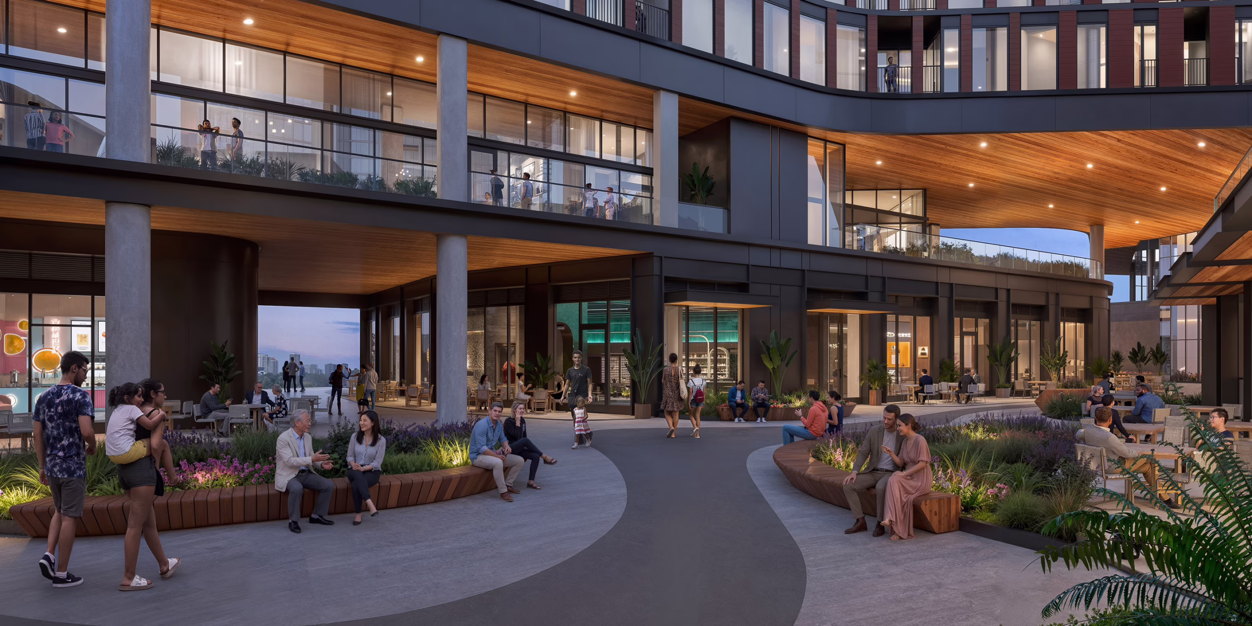 Rendering of the interior courtyard at Centennial Yards in Atlanta, with landscaped seating areas, retail storefronts, and residents gathering beneath a covered walkway