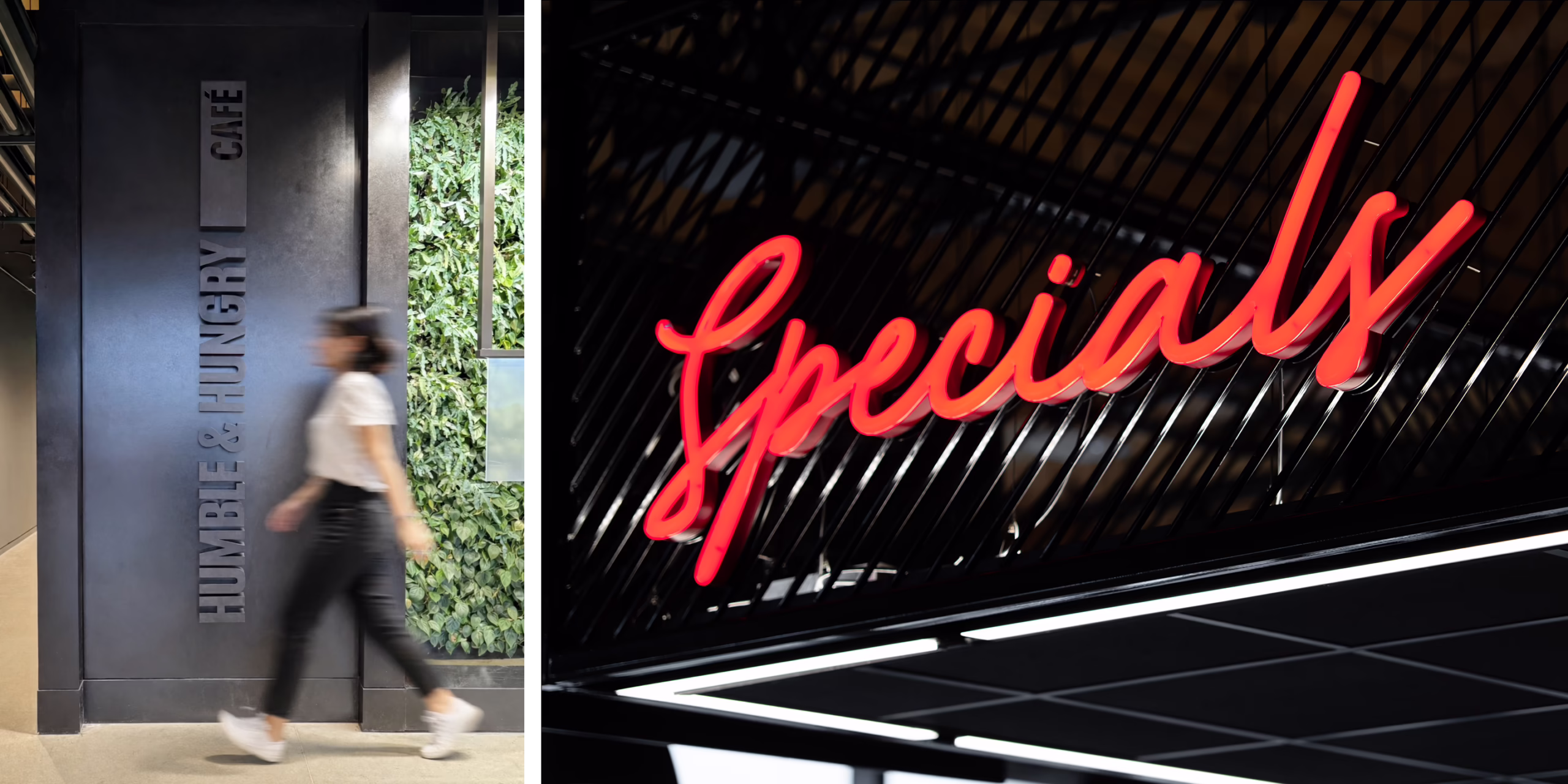 Split image of the Humble & Hungry Café at Under Armour headquarters, showing dimensional entrance signage beside a living wall and a red neon script 'Specials' sign against a dark ceiling.
