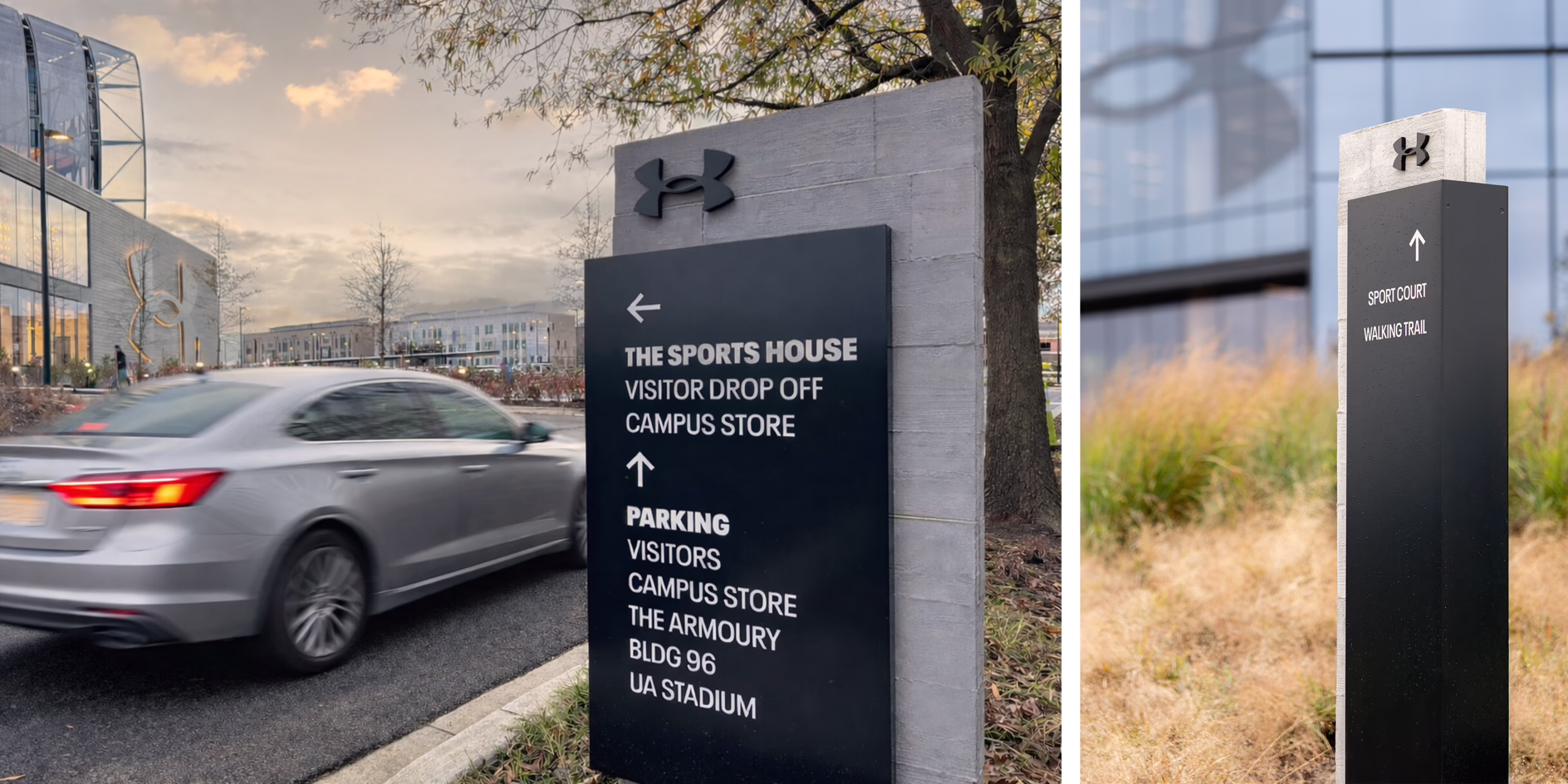 Split image of campus wayfinding at Under Armour headquarters, showing a large directional sign for The Sports House, visitor drop off, and parking near a passing car, alongside a wayfinding pylon pointing to the Sport Court and Walking Trail.